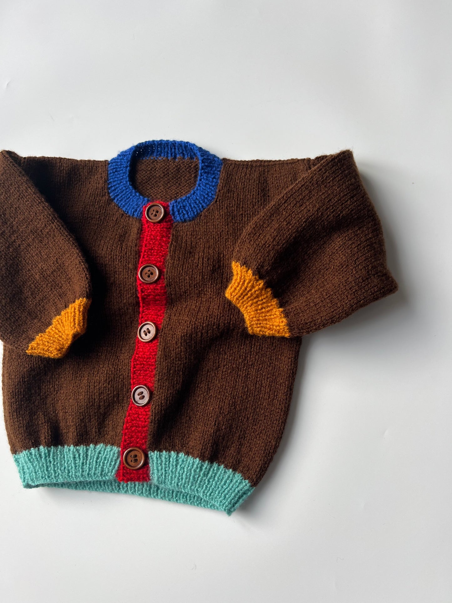 Hand Knitted Brown Colourblock trim Cardi 18-24 Months