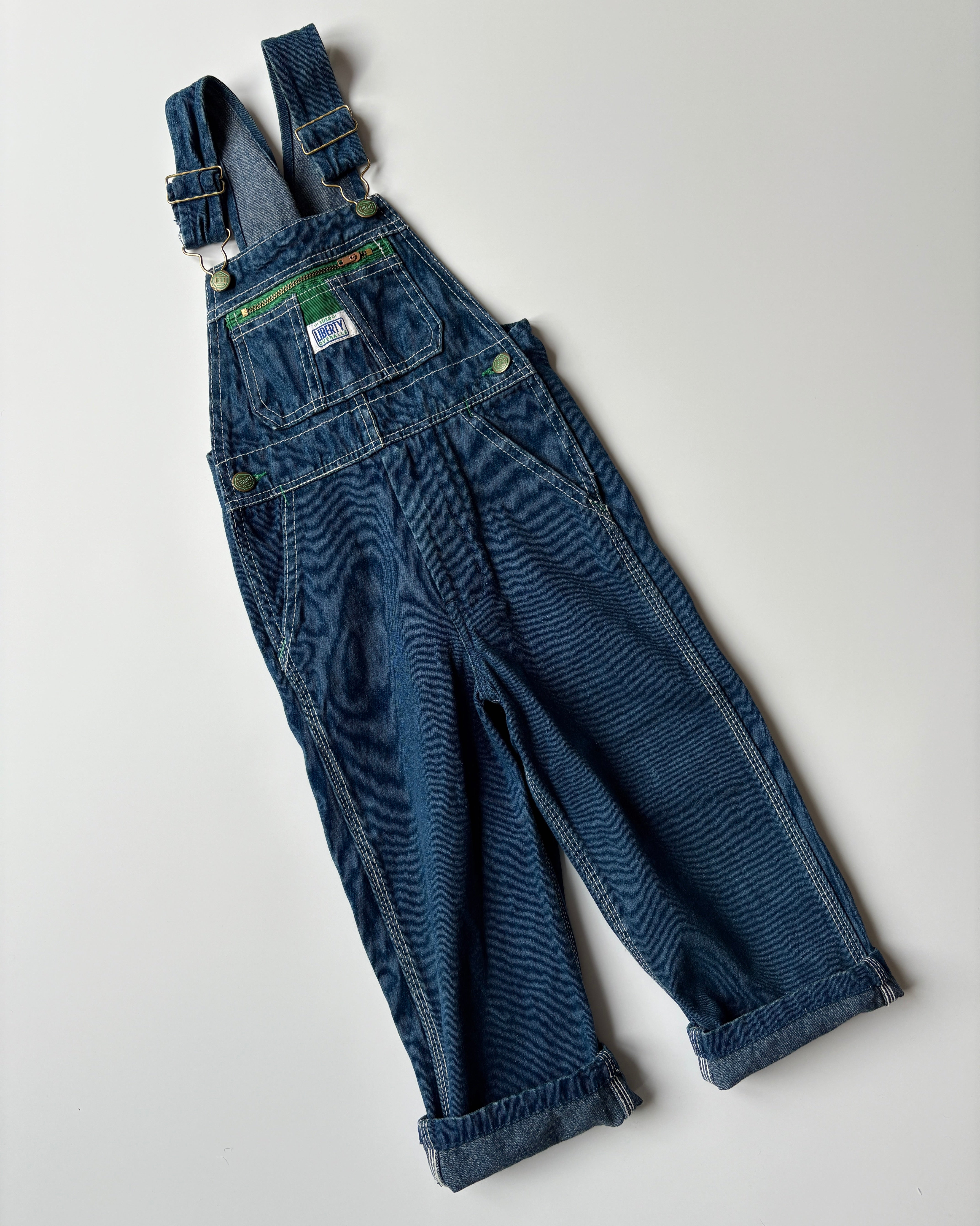 Vintage Liberty Overalls Denim Dungarees with Green Details 4-5 Years