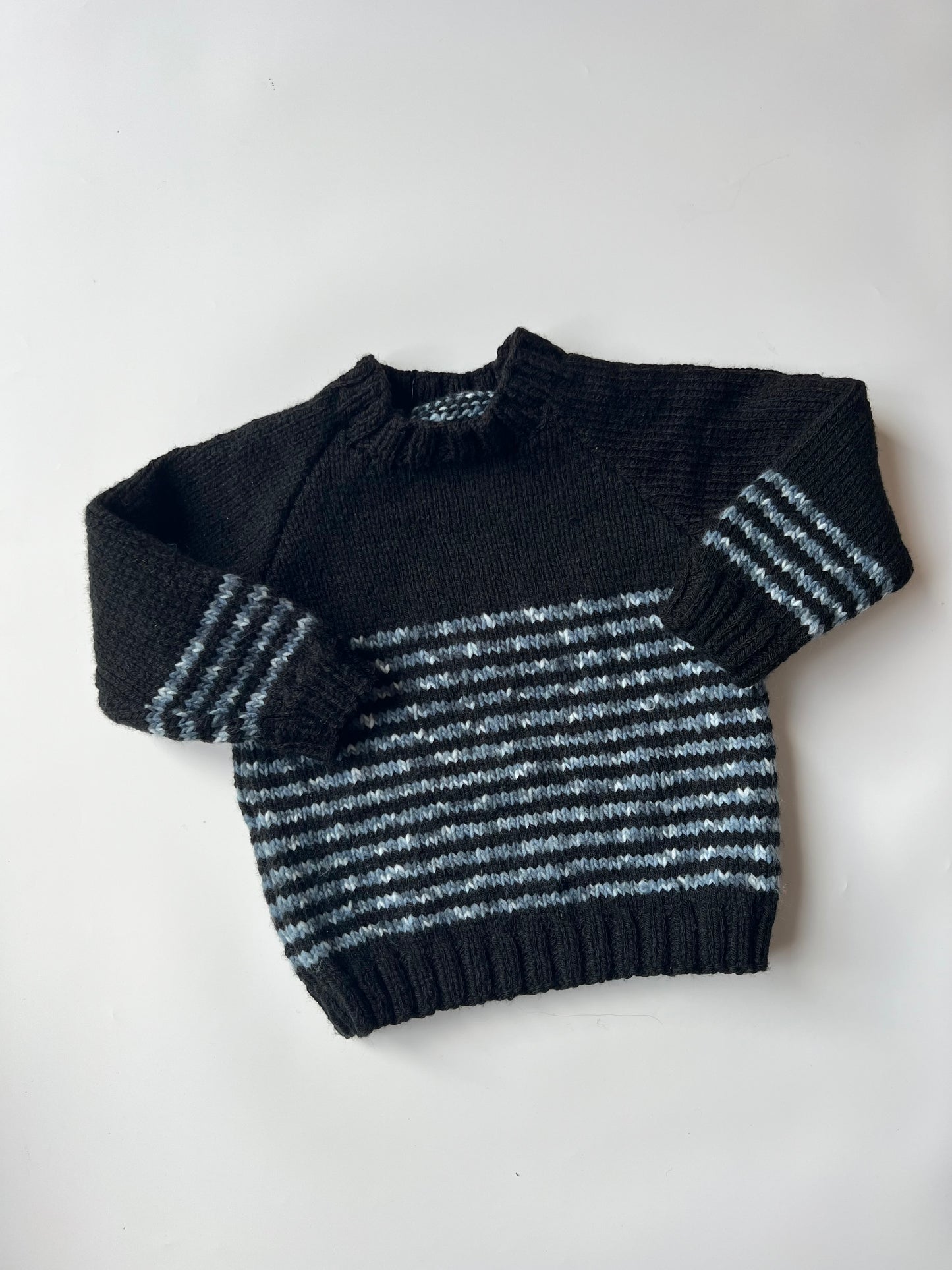 Hand Knitted Black and Grey Striped Jumper 5 years