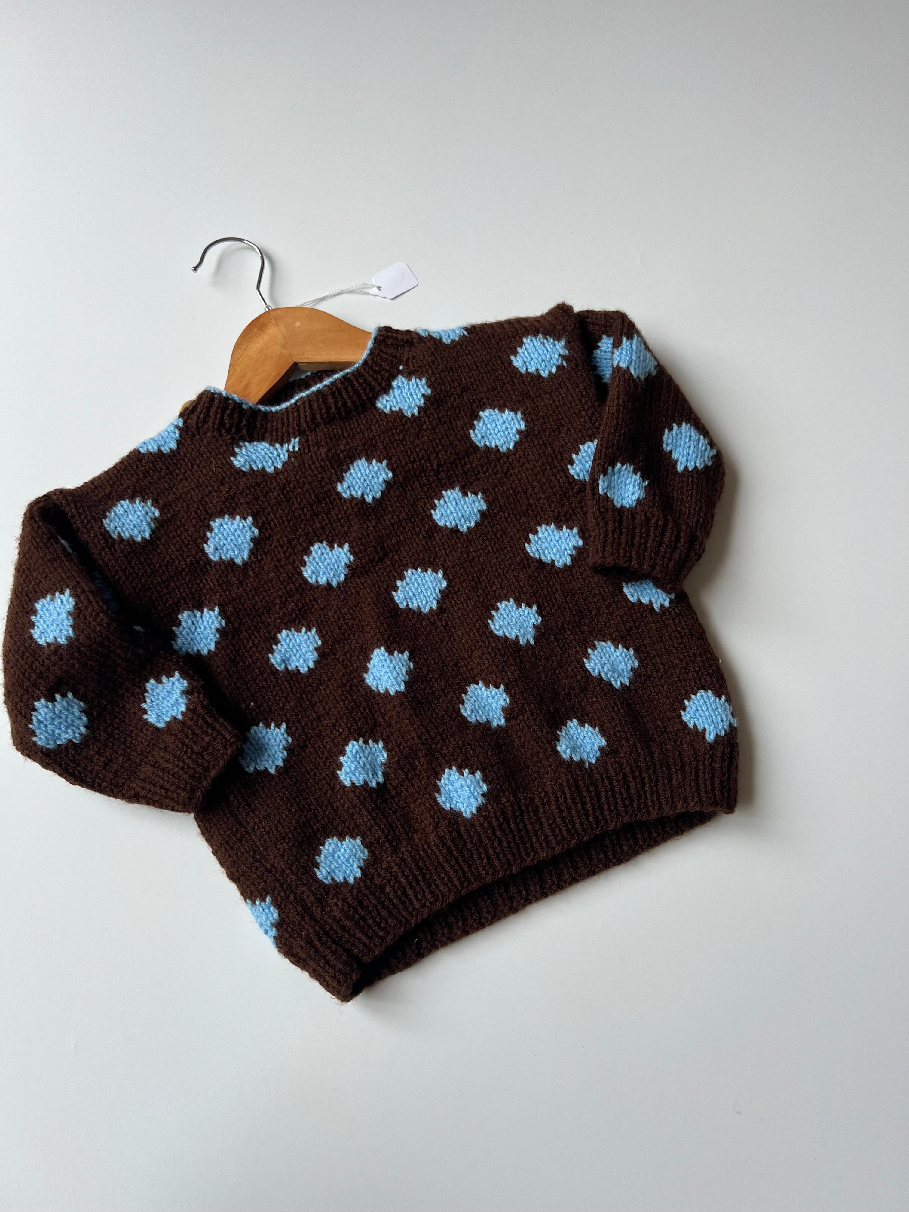 Hand Knitted Blue & Brown Spotted Jumper 3-4 Years