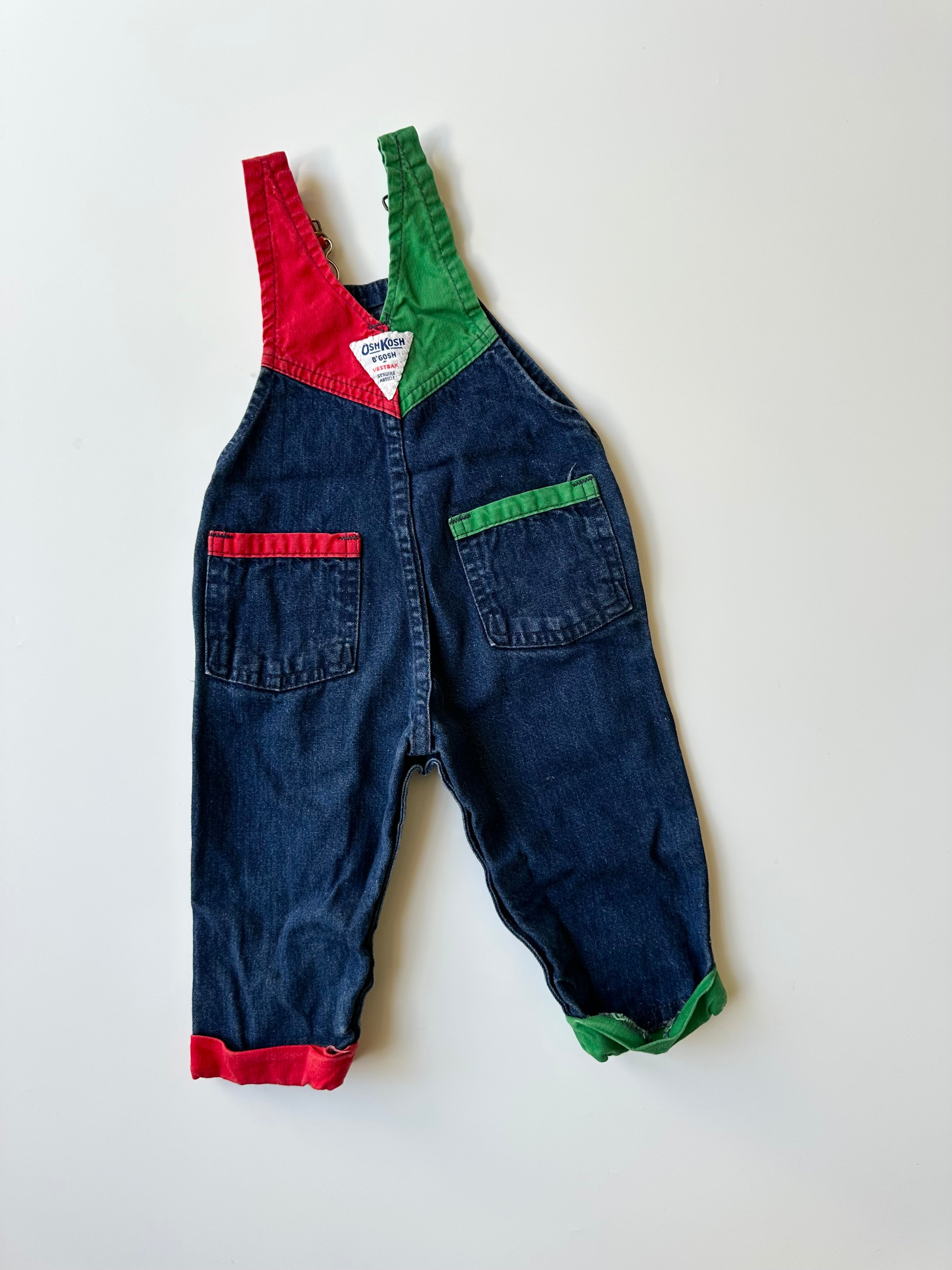 Vintage OshKosh Dungarees with Green & Red Colourblocking 3-6 Months