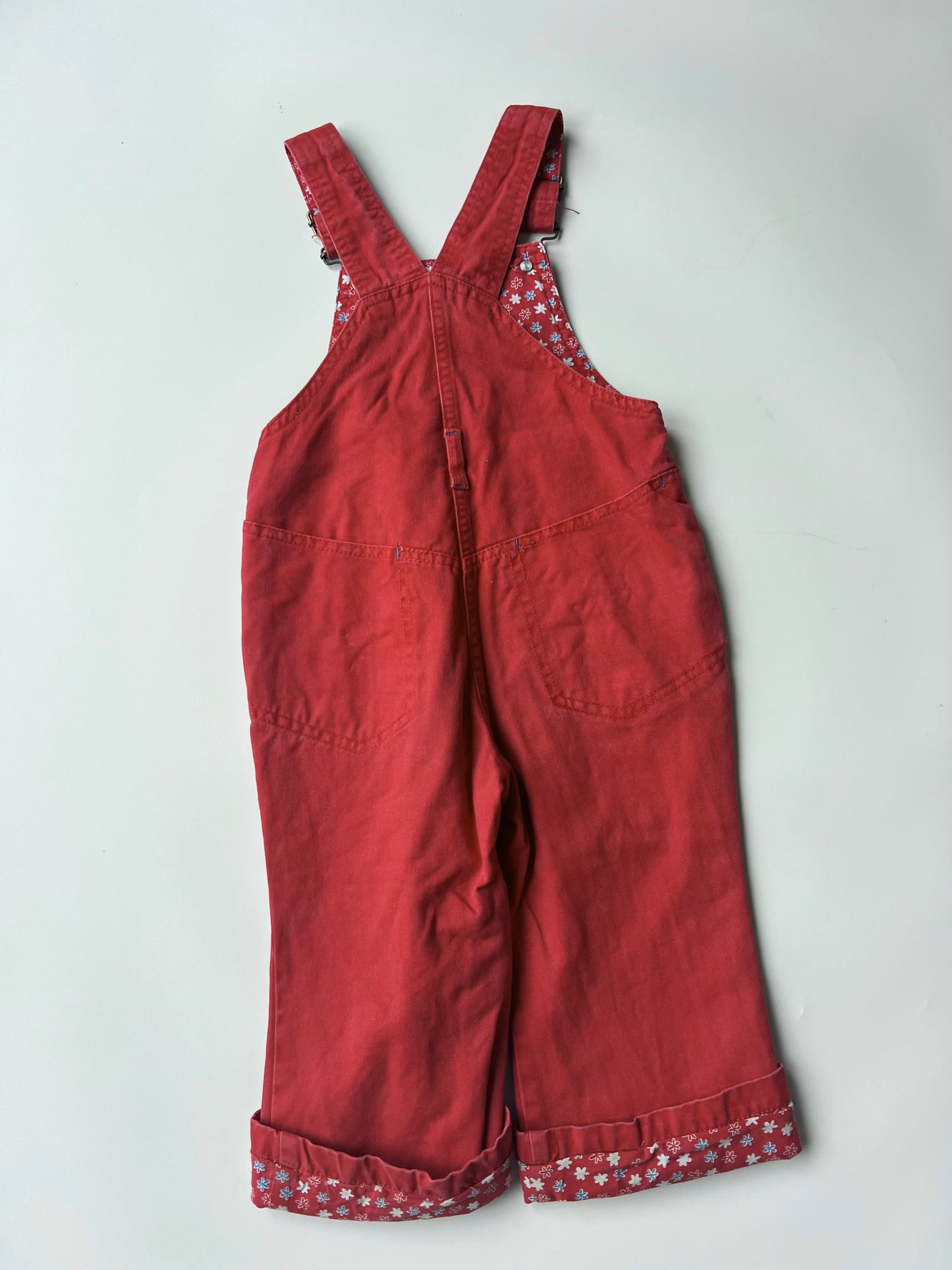 Vintage Red Papagino Dungarees with Floral Lining 18-24 months