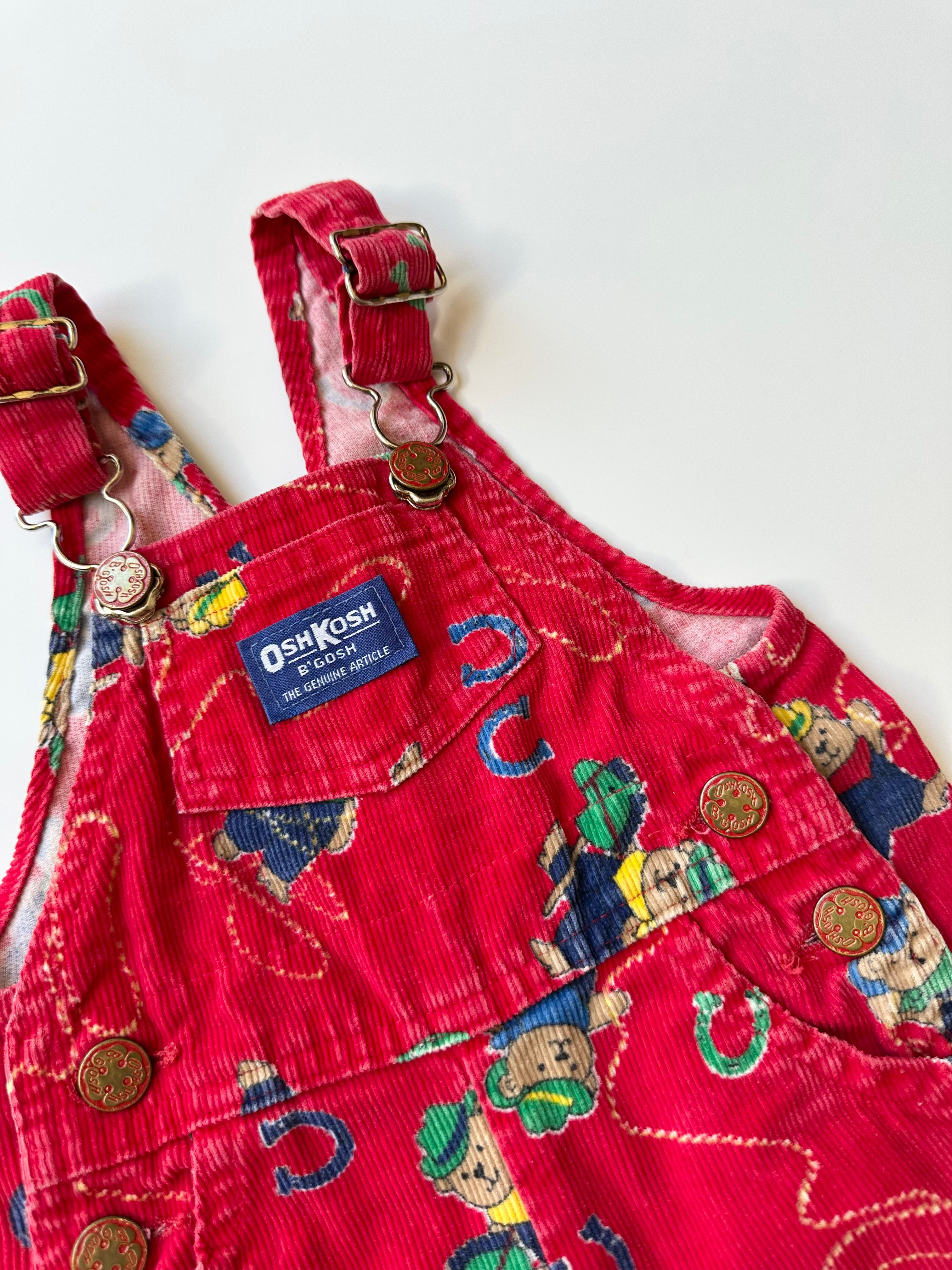 Vintage OshKosh Red Corduroy Teddy Print Dungarees 6-12 Months