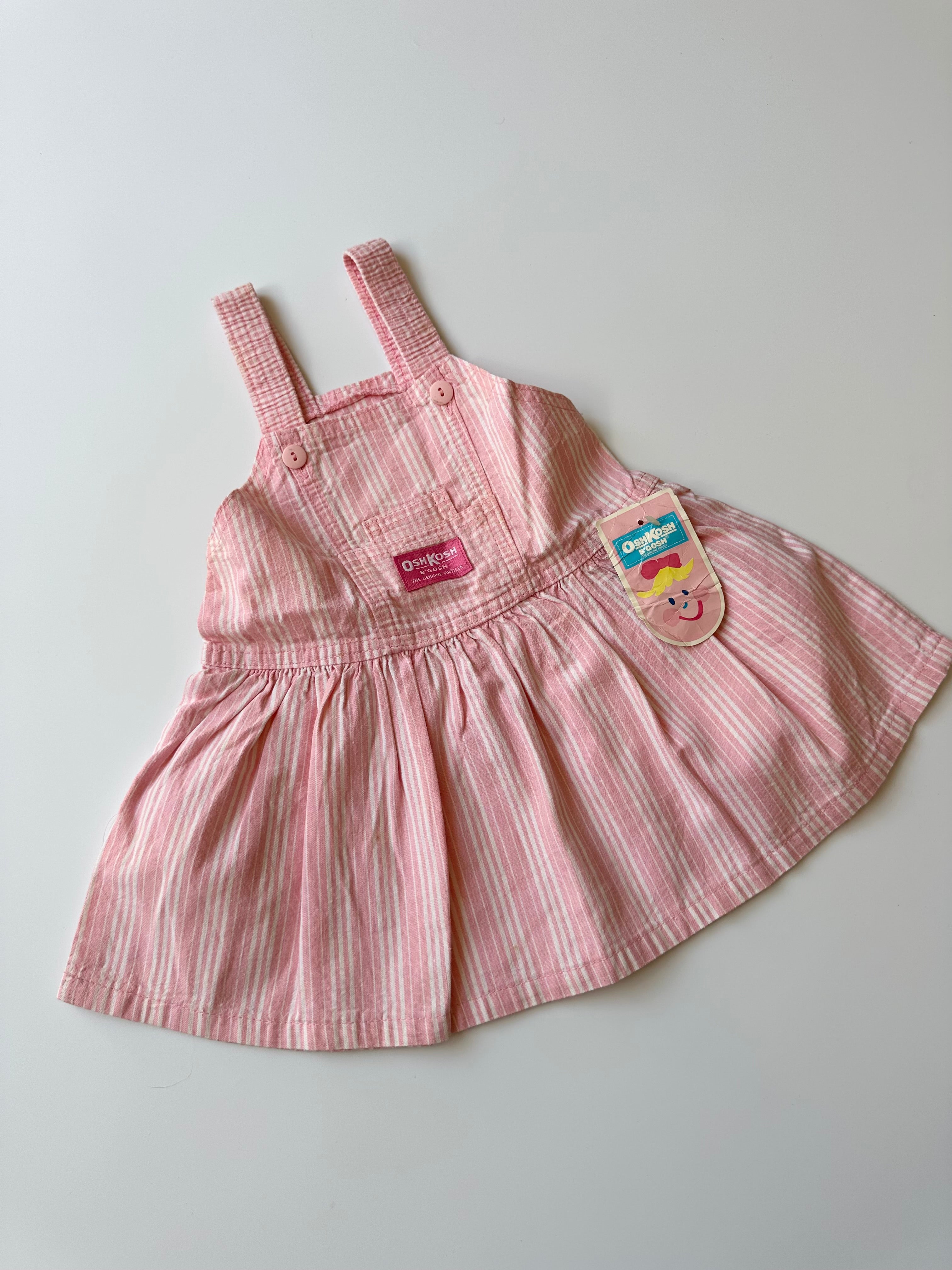 Vintage OshKosh Pink Stripe Dungaree Dress with Embroidered Patch 12-24 Months