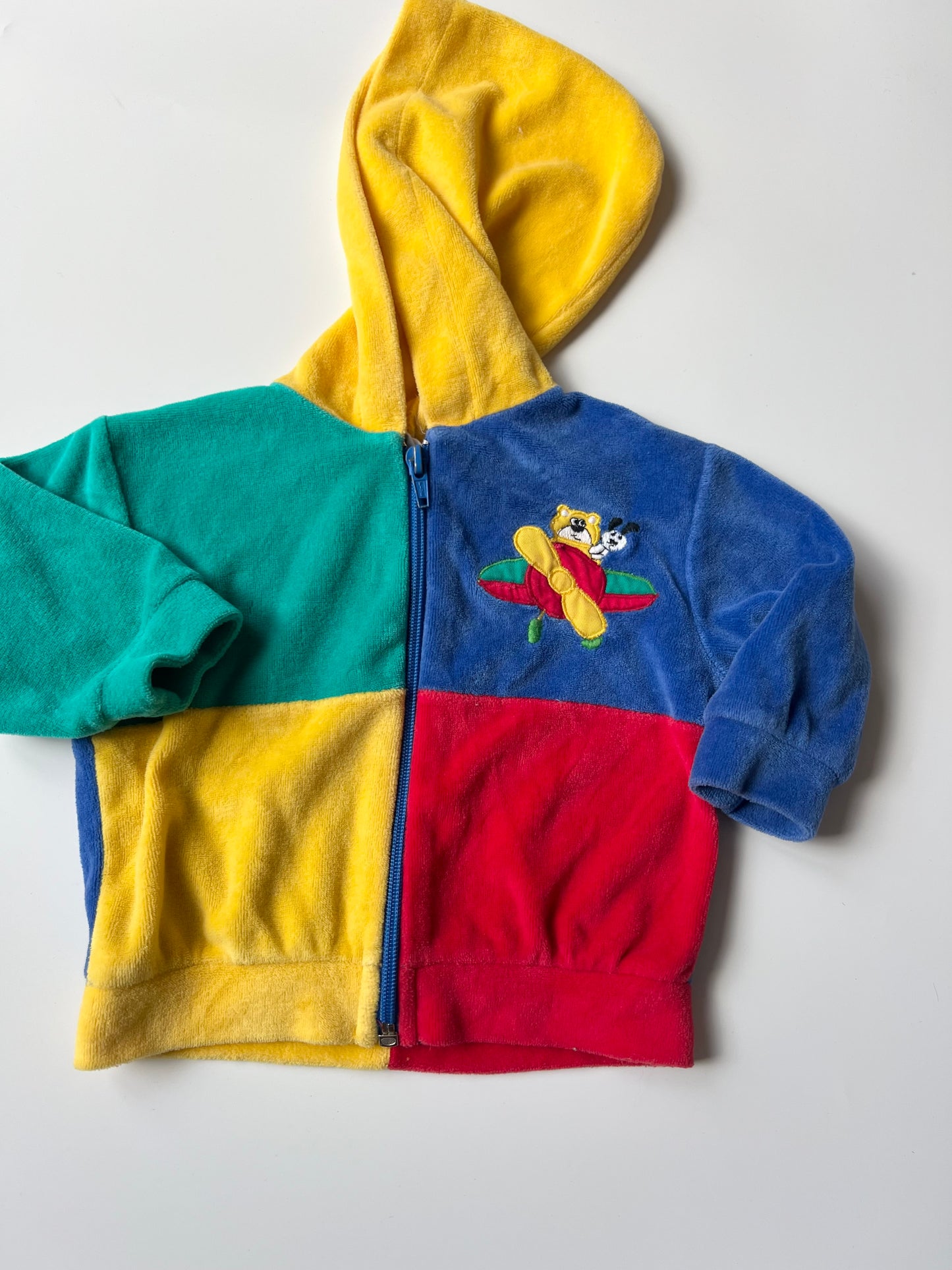 Vintage Colour-Block Velour Teddy Motif Hooded Top 3-6 months