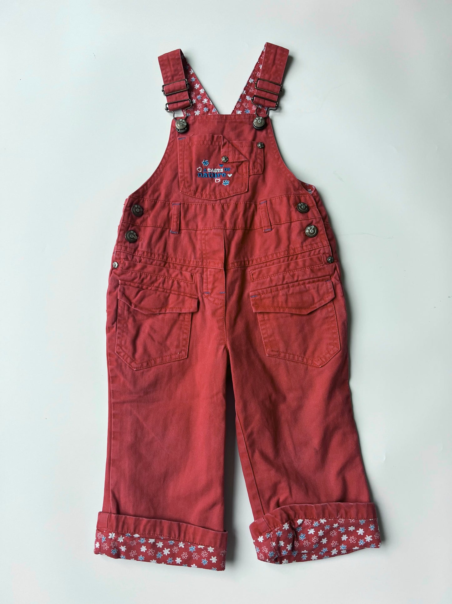 Vintage Red Papagino Dungarees with Floral Lining 18-24 months
