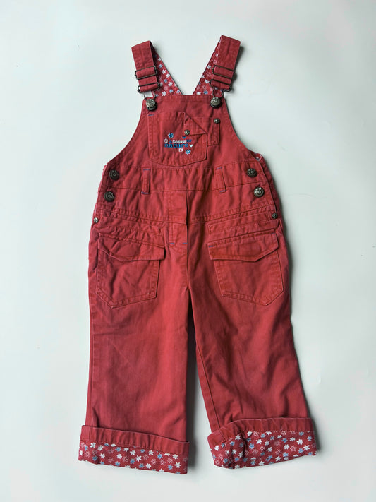 Vintage Red Papagino Dungarees with Floral Lining 18-24 months