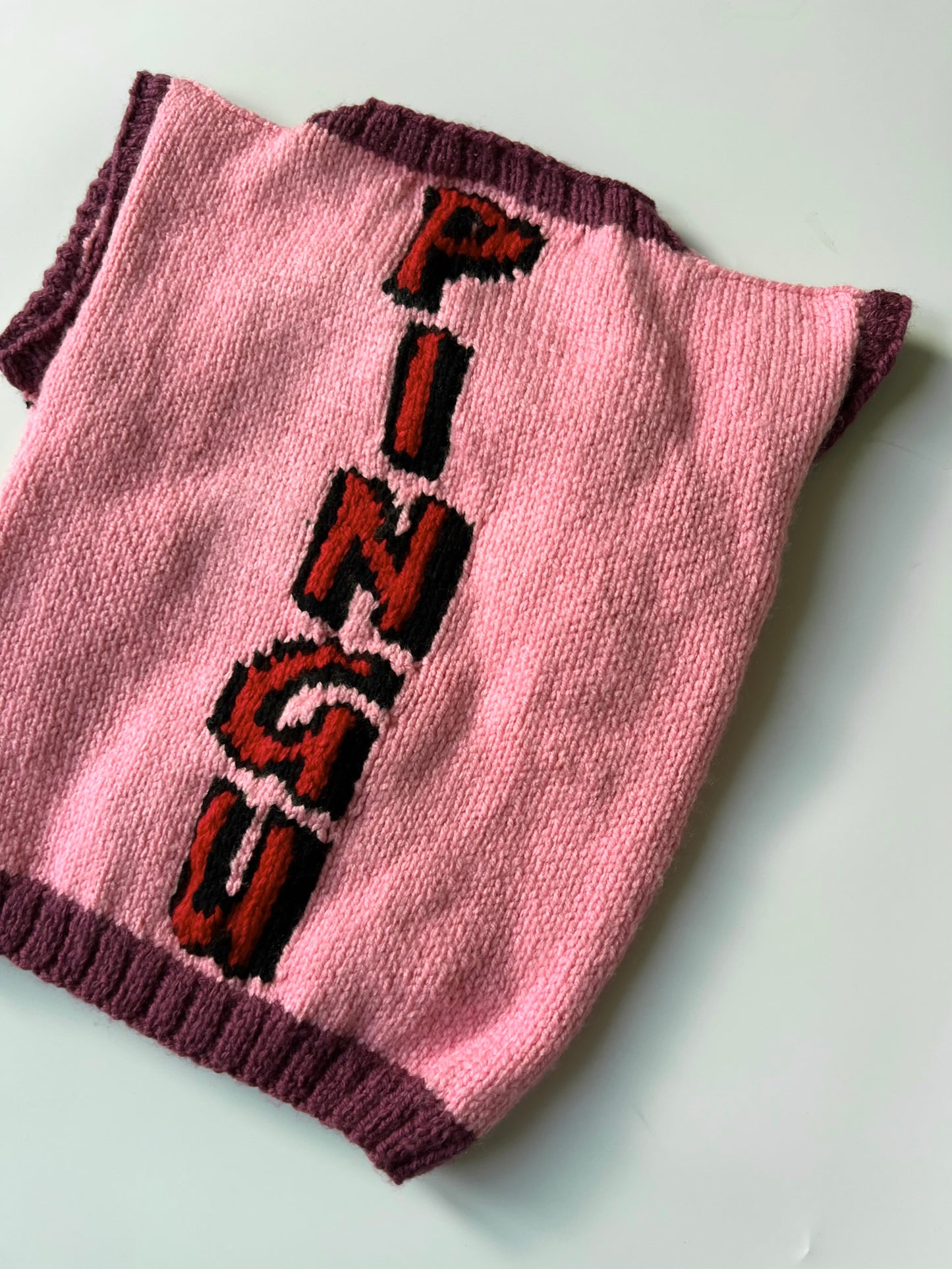 Hand Knitted Pink and Burgundy Pingu Vest 3-4 Years