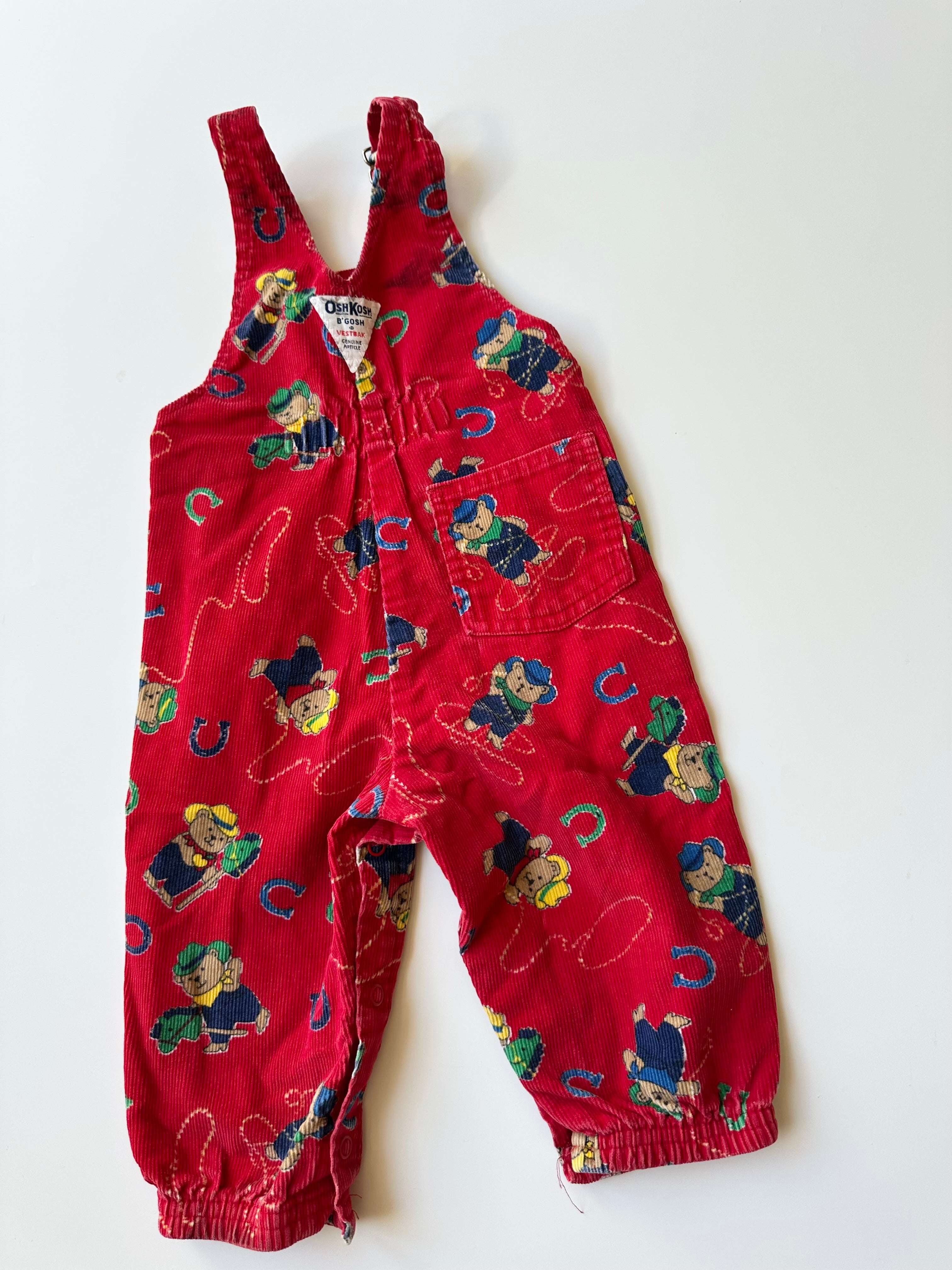 Vintage OshKosh Red Corduroy Teddy Print Dungarees 6-12 Months