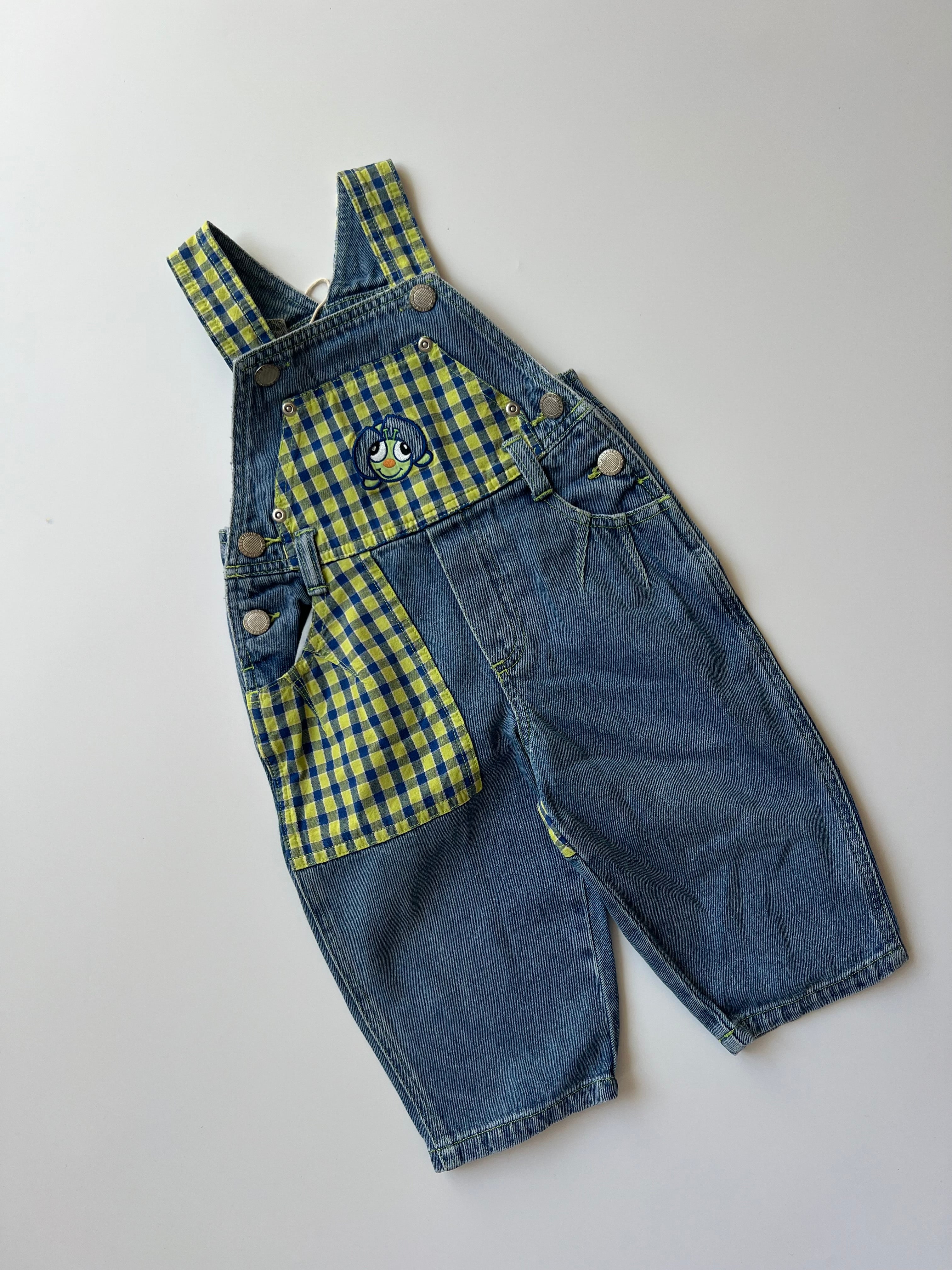 Vintage Denim & Check Dungarees 9-12 Months
