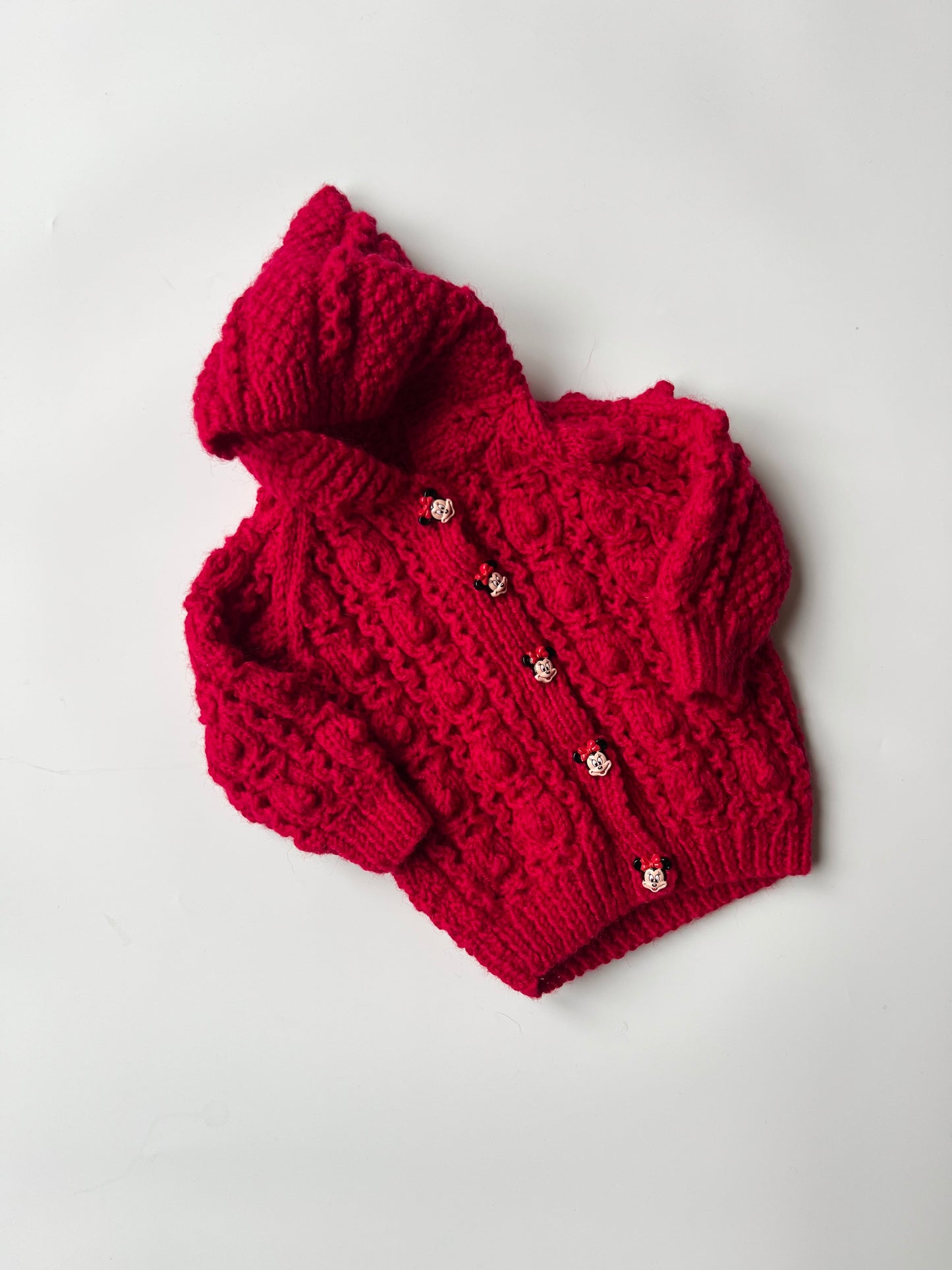 Hand Knitted Red Cardigan with Minnie Mouse Button Details 6 Months