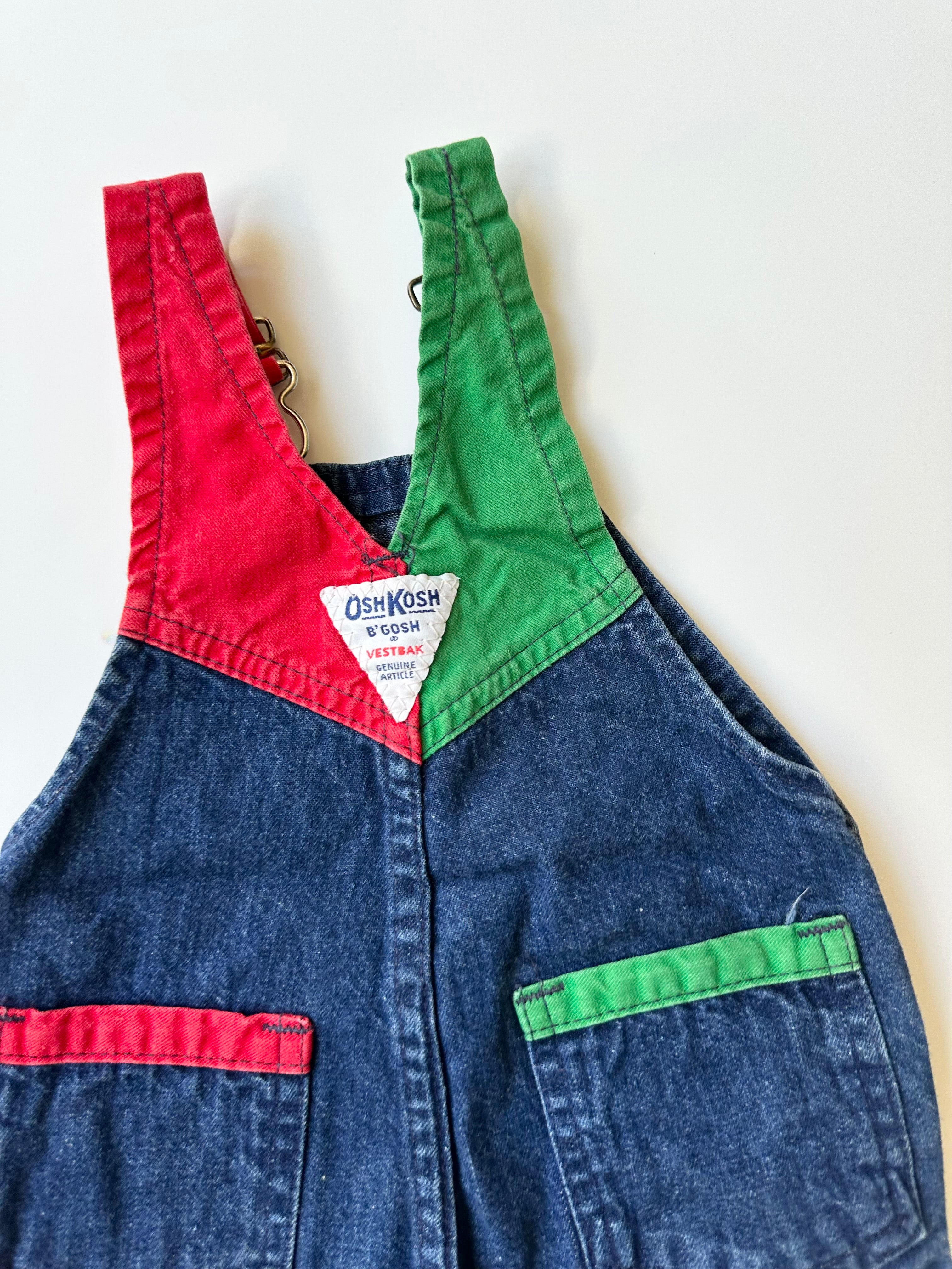 Vintage OshKosh Dungarees with Green & Red Colourblocking 3-6 Months