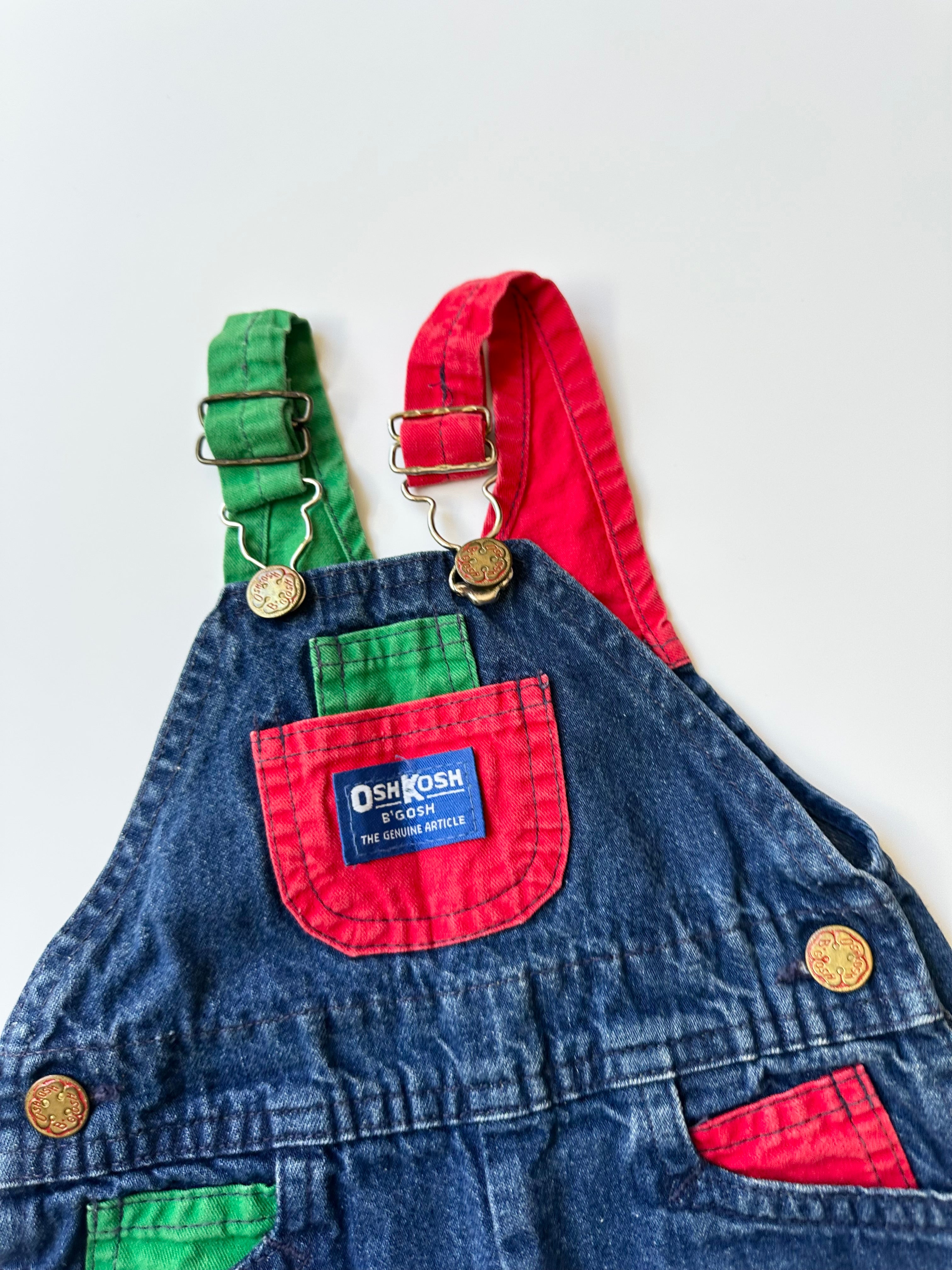 Vintage OshKosh Dungarees with Green & Red Colourblocking 3-6 Months