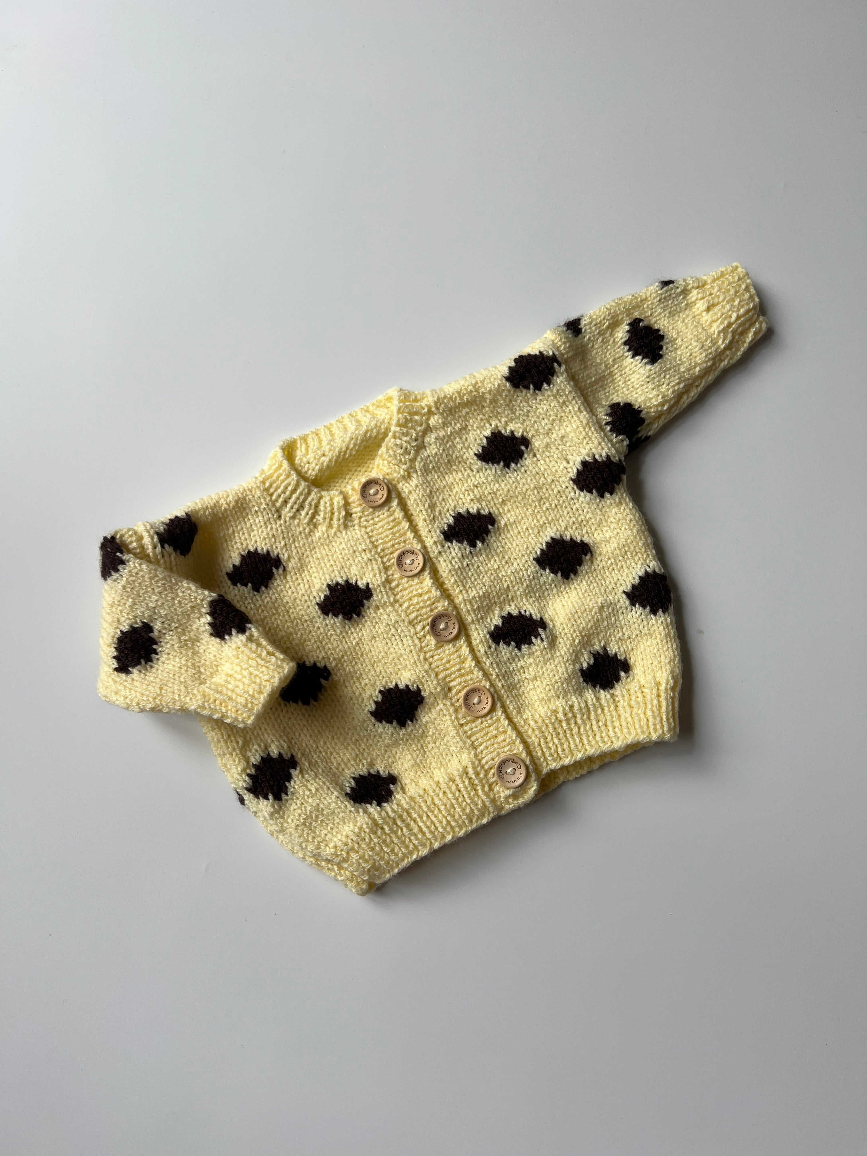 Hand Knitted Butter Yellow & Blue Polka Dot Cardigan 12-24 Months