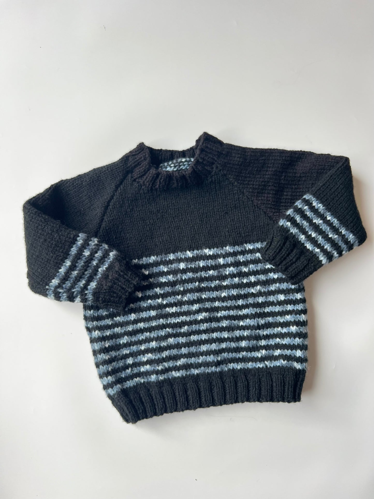 Hand Knitted Black and Grey Striped Jumper 5 years