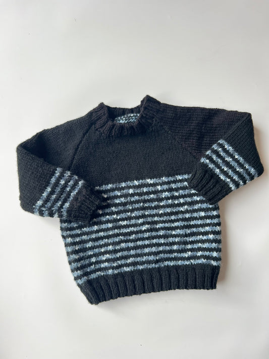 Hand Knitted Black and Grey Striped Jumper 5 years