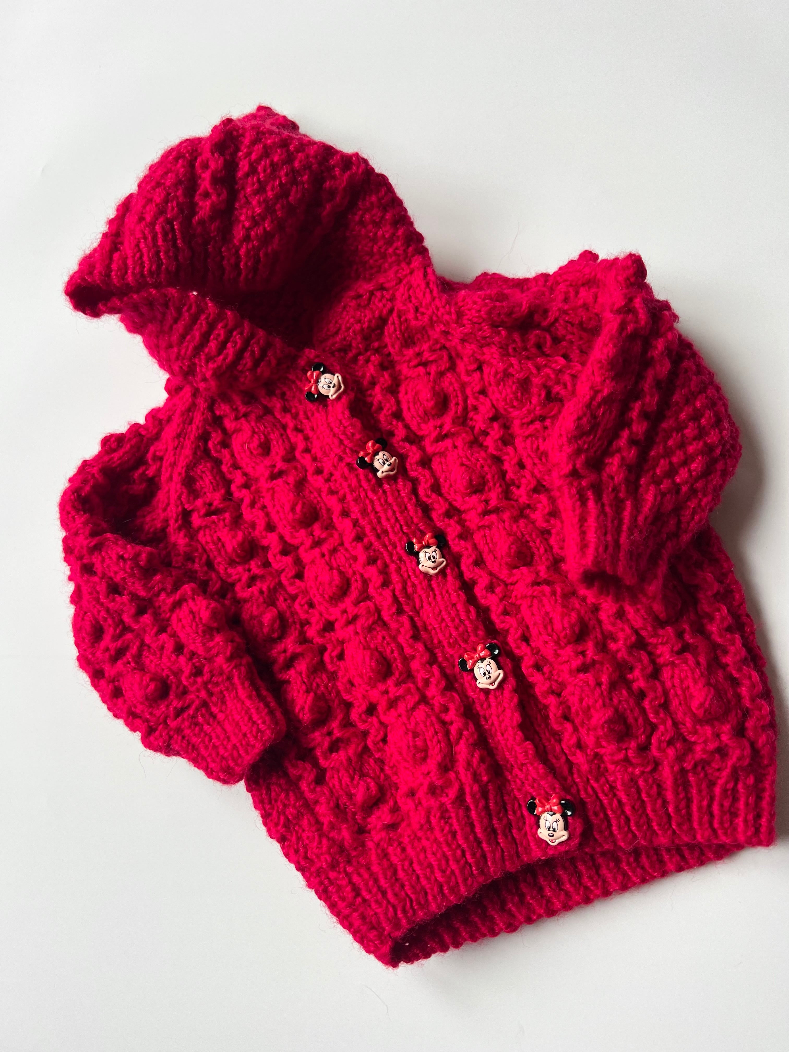 Hand Knitted Red Cardigan with Minnie Mouse Button Details 6 Months