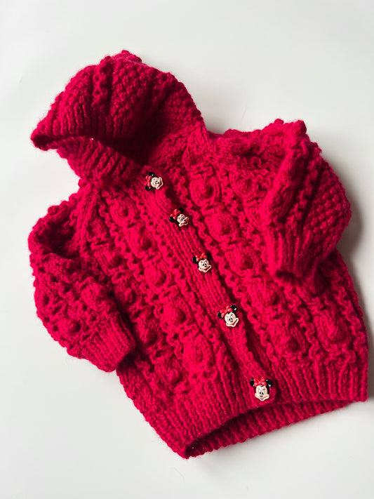 Hand Knitted Red Cardigan with Minnie Mouse Button Details 6 Months