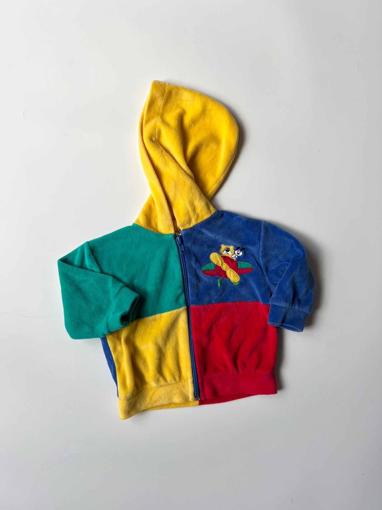 Vintage Colour-Block Velour Teddy Motif Hooded Top 3-6 months