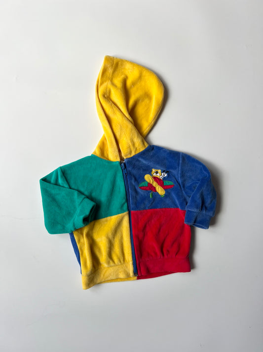 Vintage Colour-Block Velour Teddy Motif Hooded Top 3-6 months