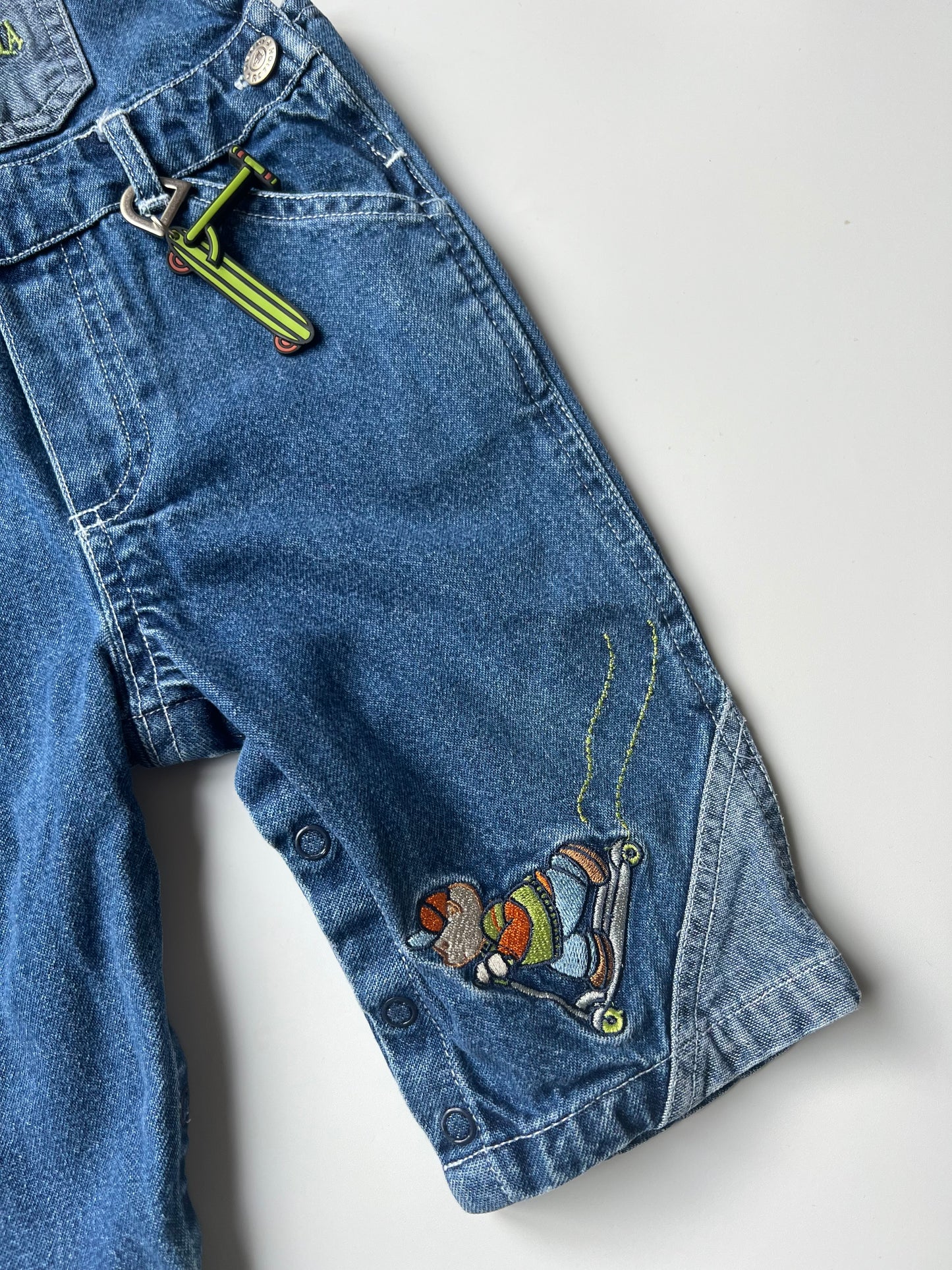 Vintage Denim Dungarees with Scooter Emblem and Tag 12 Months