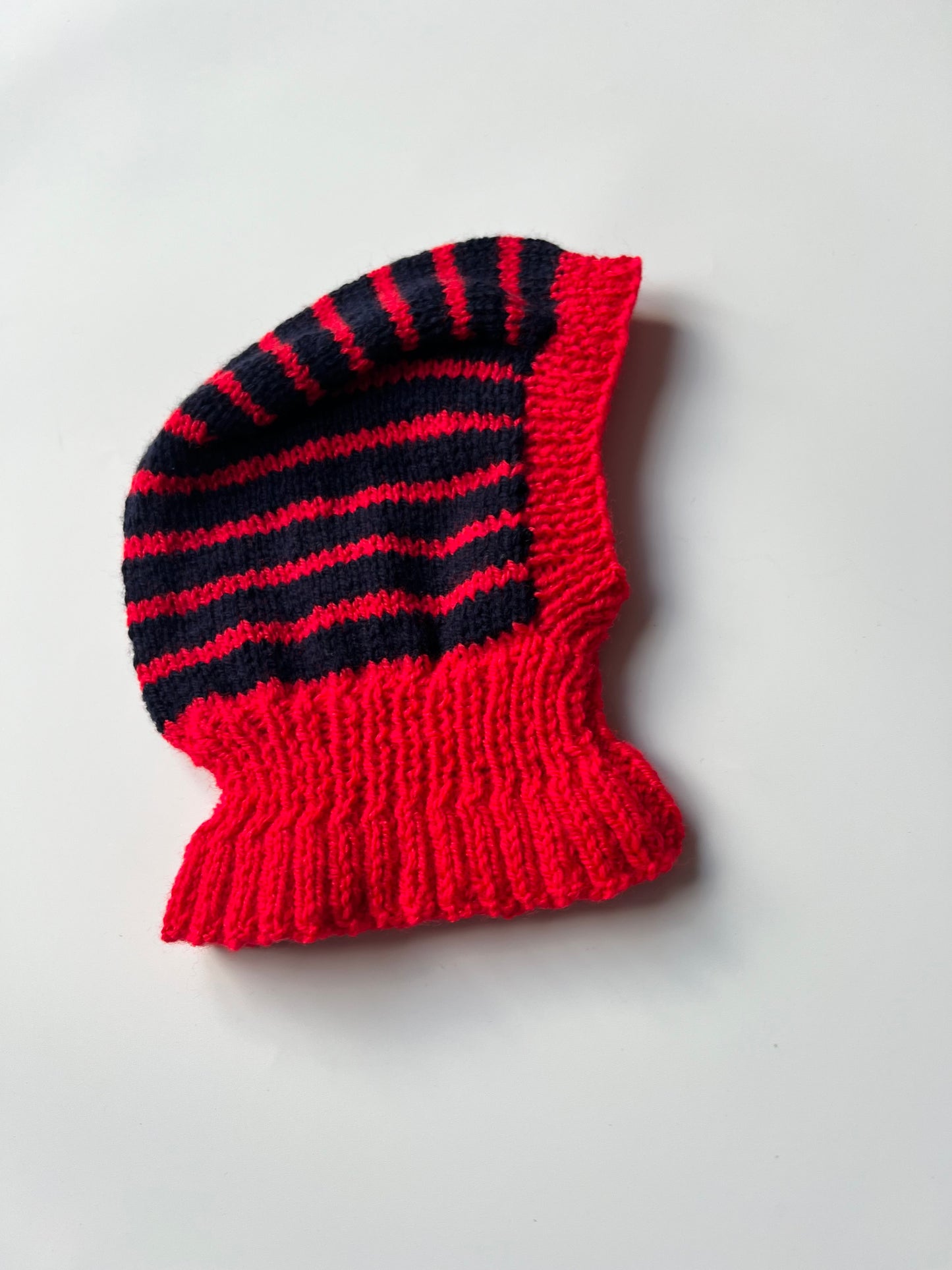 Hand Knitted Navy and Red Stripe Balaclava 2-3 Years