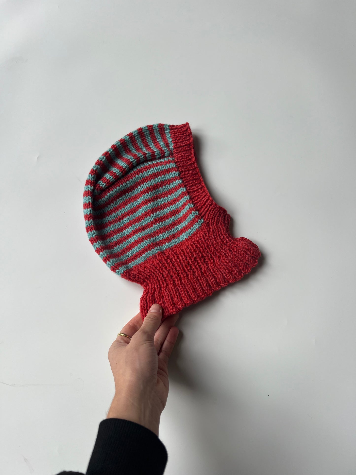 Hand Knitted Children’s Striped Balaclava Red & Teal 3-4 Years