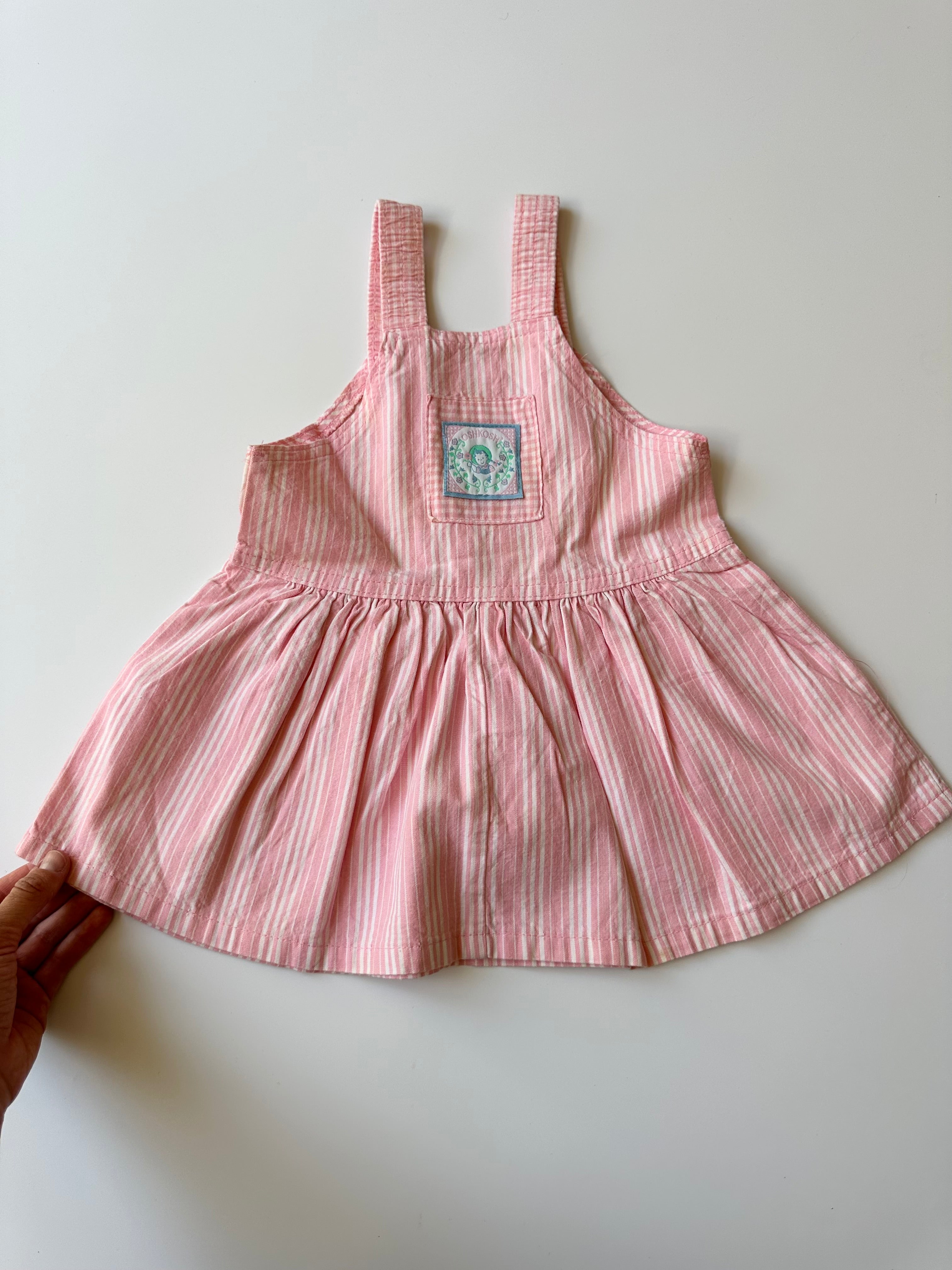 Vintage OshKosh Pink Stripe Dungaree Dress with Embroidered Patch 12-24 Months