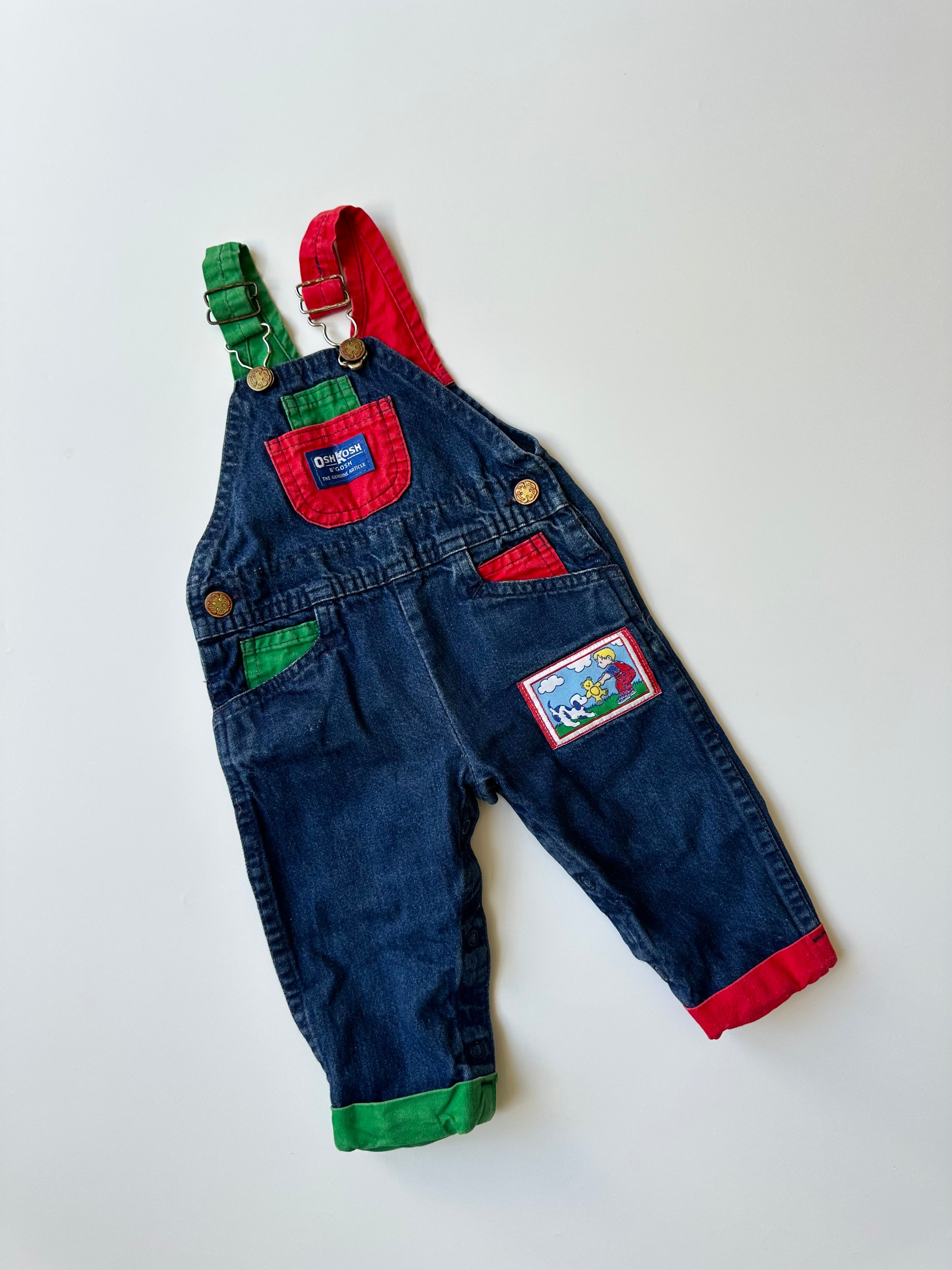 Vintage OshKosh Dungarees with Green & Red Colourblocking 3-6 Months