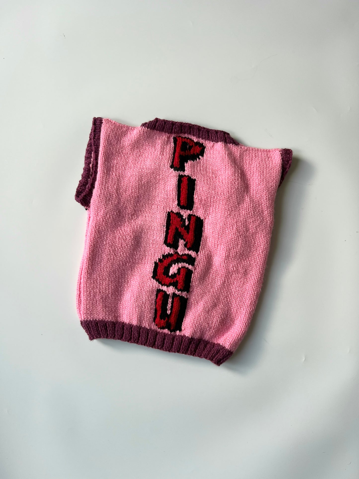 Hand Knitted Pink and Burgundy Pingu Vest 3-4 Years