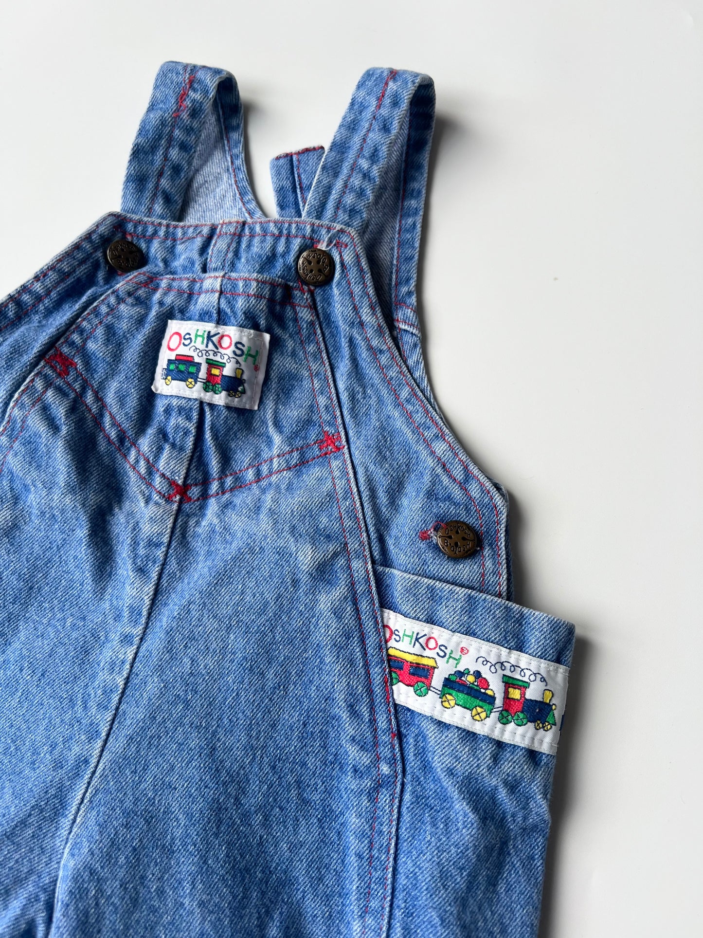 Vintage OshKosh Denim Dungarees with Train Print 12 Months