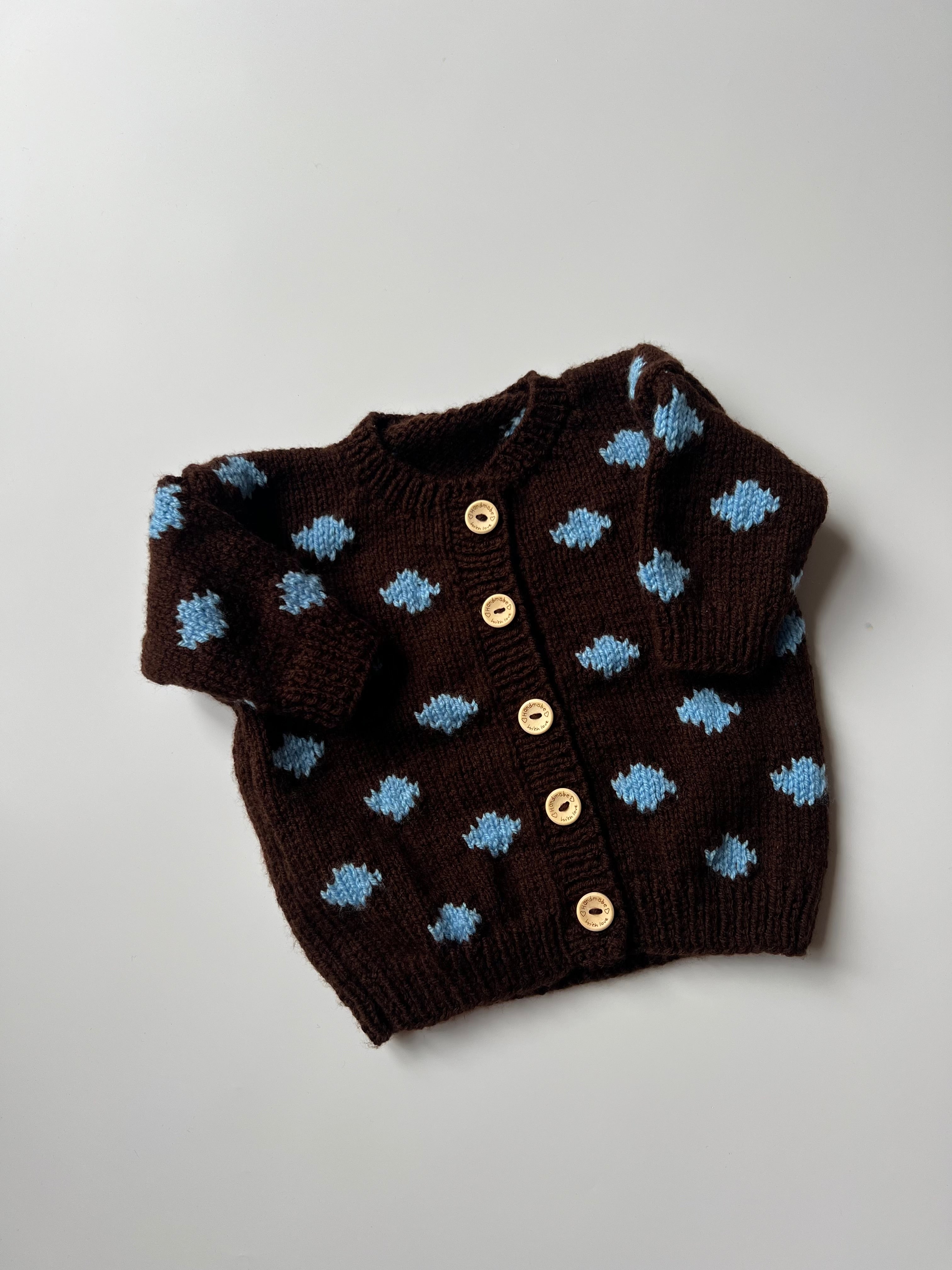 Hand Knitted Butter Yellow & Blue Polka Dot Cardigan 12-24 Months