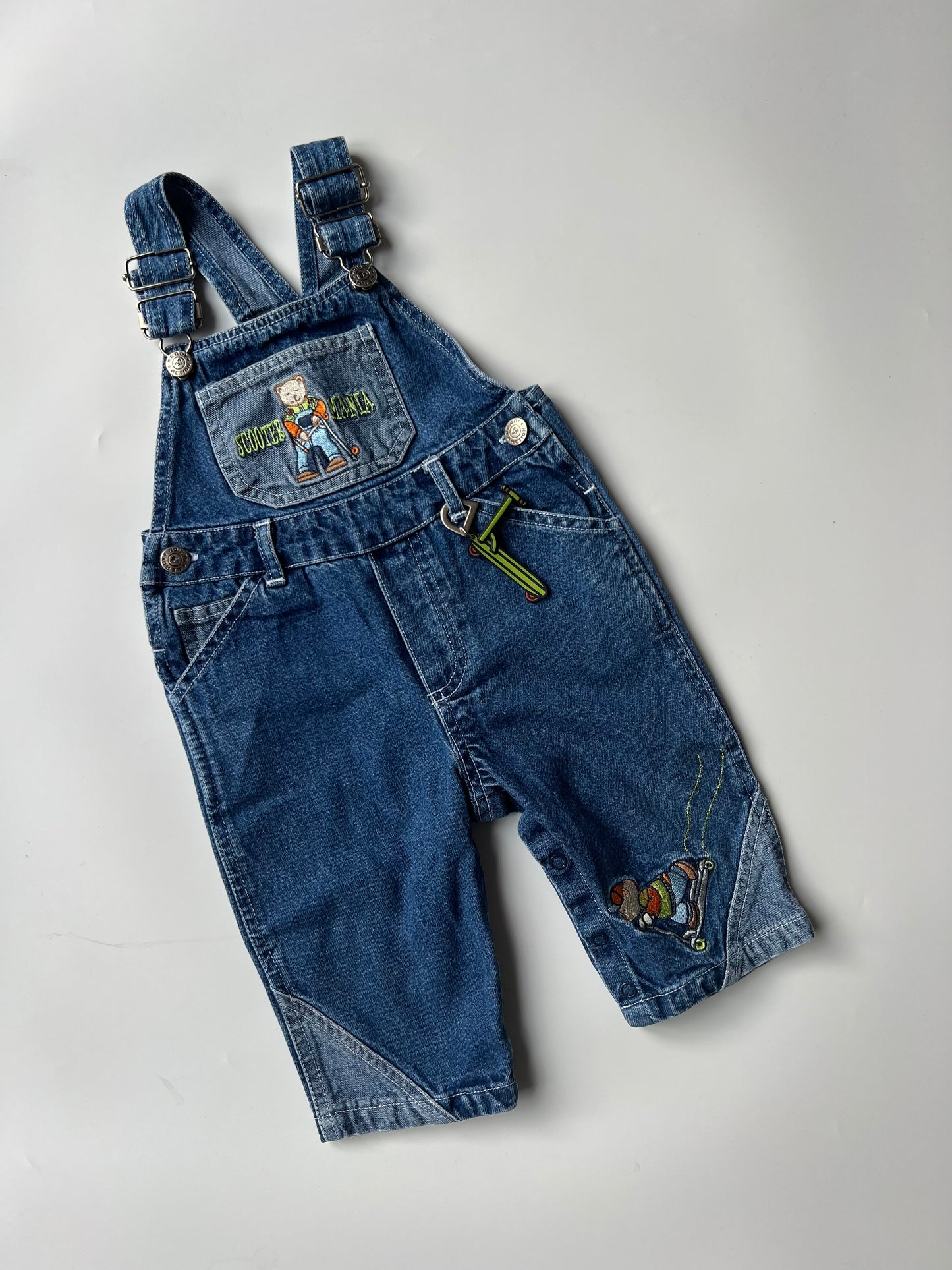 Vintage Denim Dungarees with Scooter Emblem and Tag 12 Months
