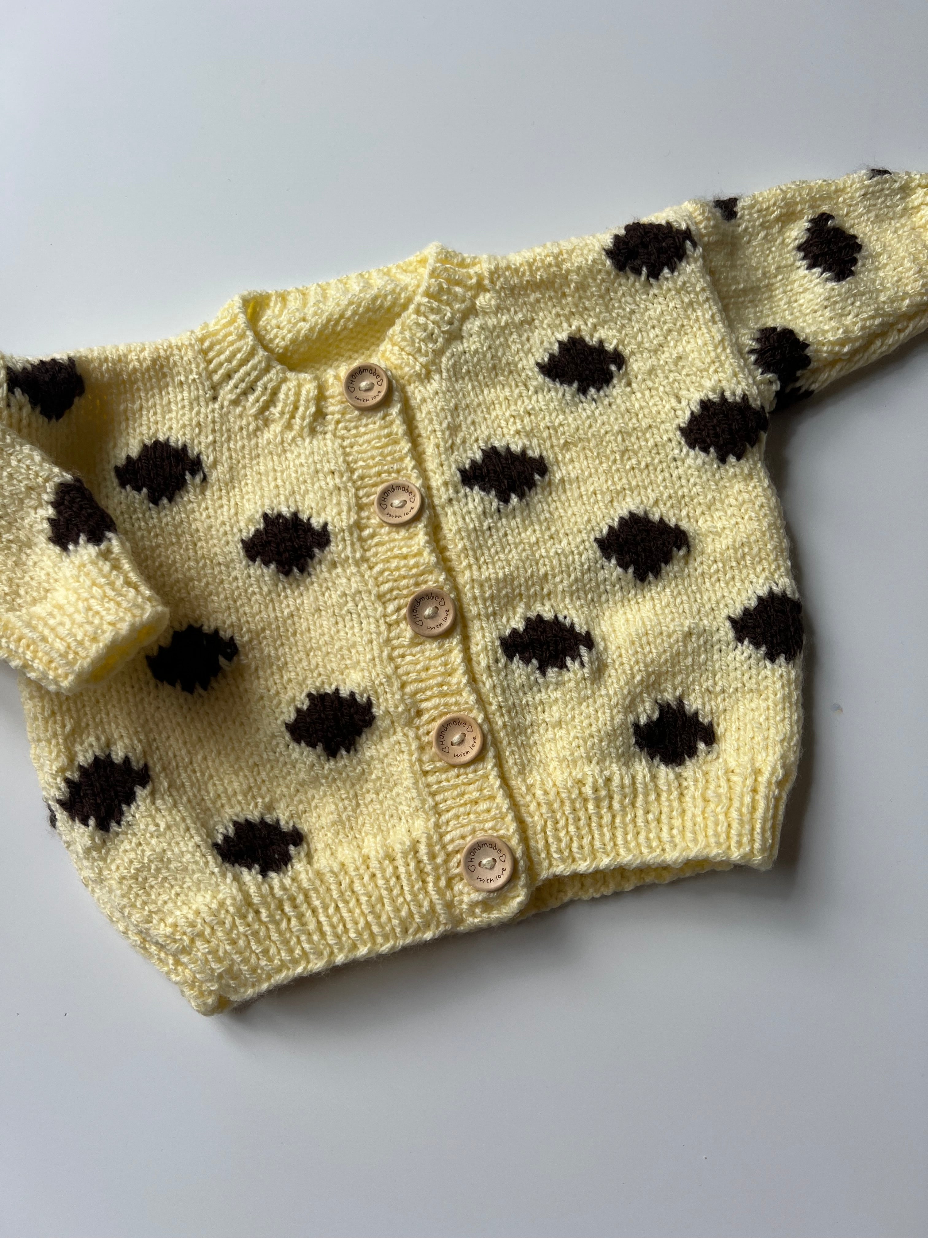 Hand Knitted Butter Yellow & Blue Polka Dot Cardigan 2-3 Years