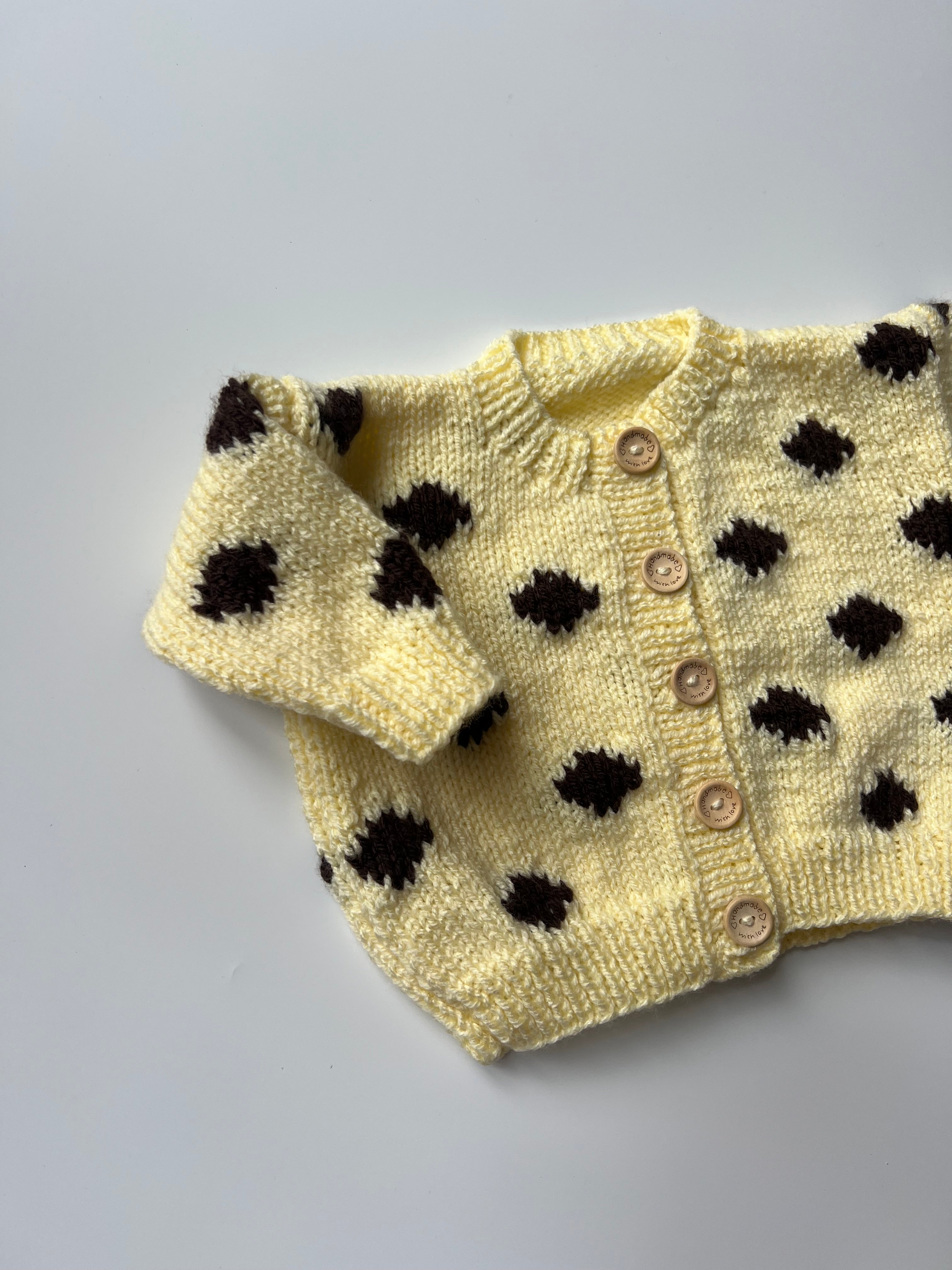 Hand Knitted Butter Yellow & Blue Polka Dot Cardigan 2-3 Years
