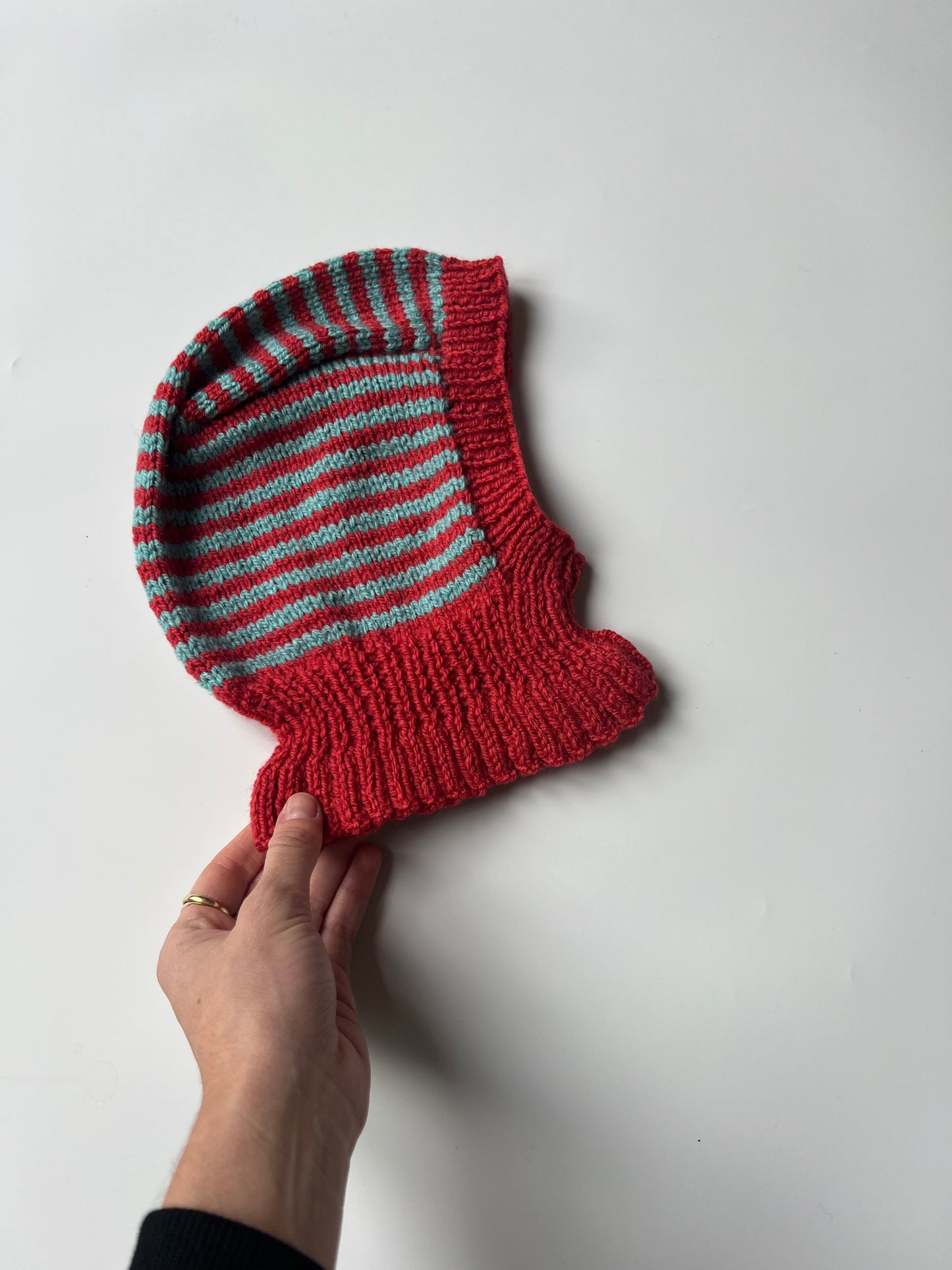 Hand Knitted Children’s Striped Balaclava Red & Teal 3-4 Years