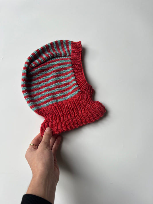 Hand Knitted Children’s Striped Balaclava Red & Teal 3-4 Years