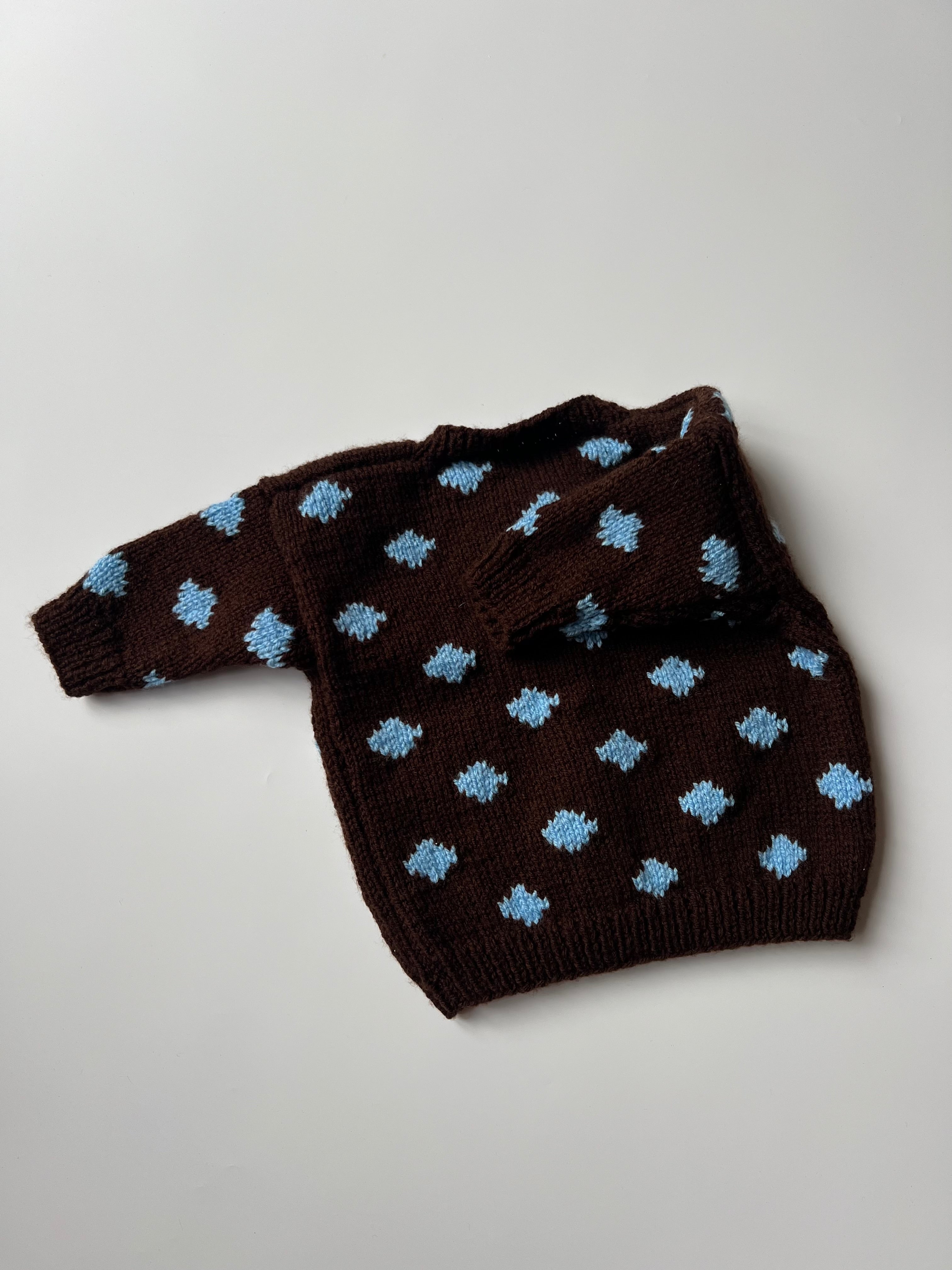 Hand Knitted Butter Yellow & Blue Polka Dot Cardigan 12-24 Months
