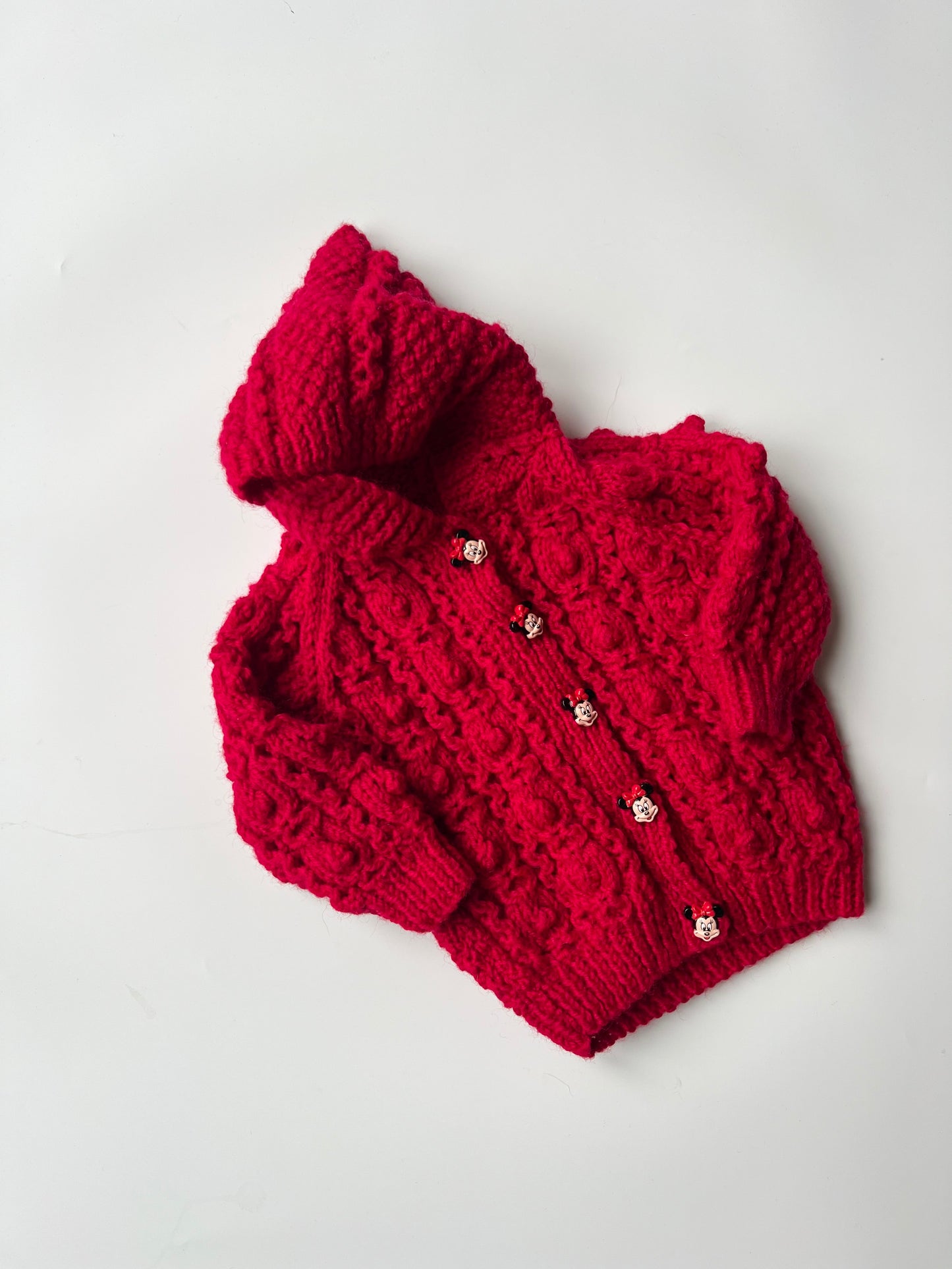 Hand Knitted Red Cardigan with Minnie Mouse Button Details 6 Months