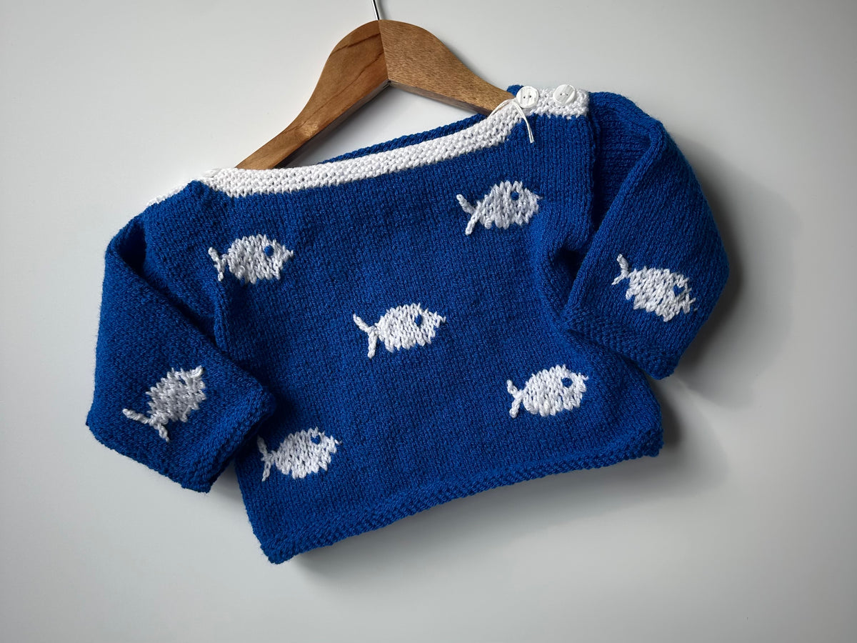 Hand-Knitted Blue Fish Jumper 6-12 Months