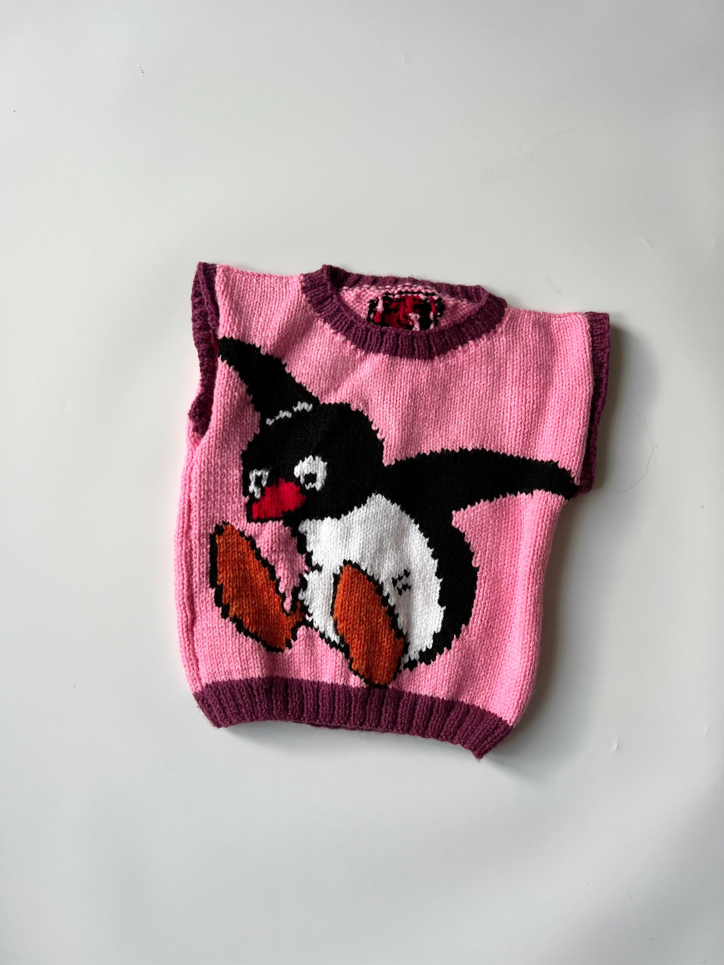 Hand Knitted Pink and Burgundy Pingu Vest 3-4 Years