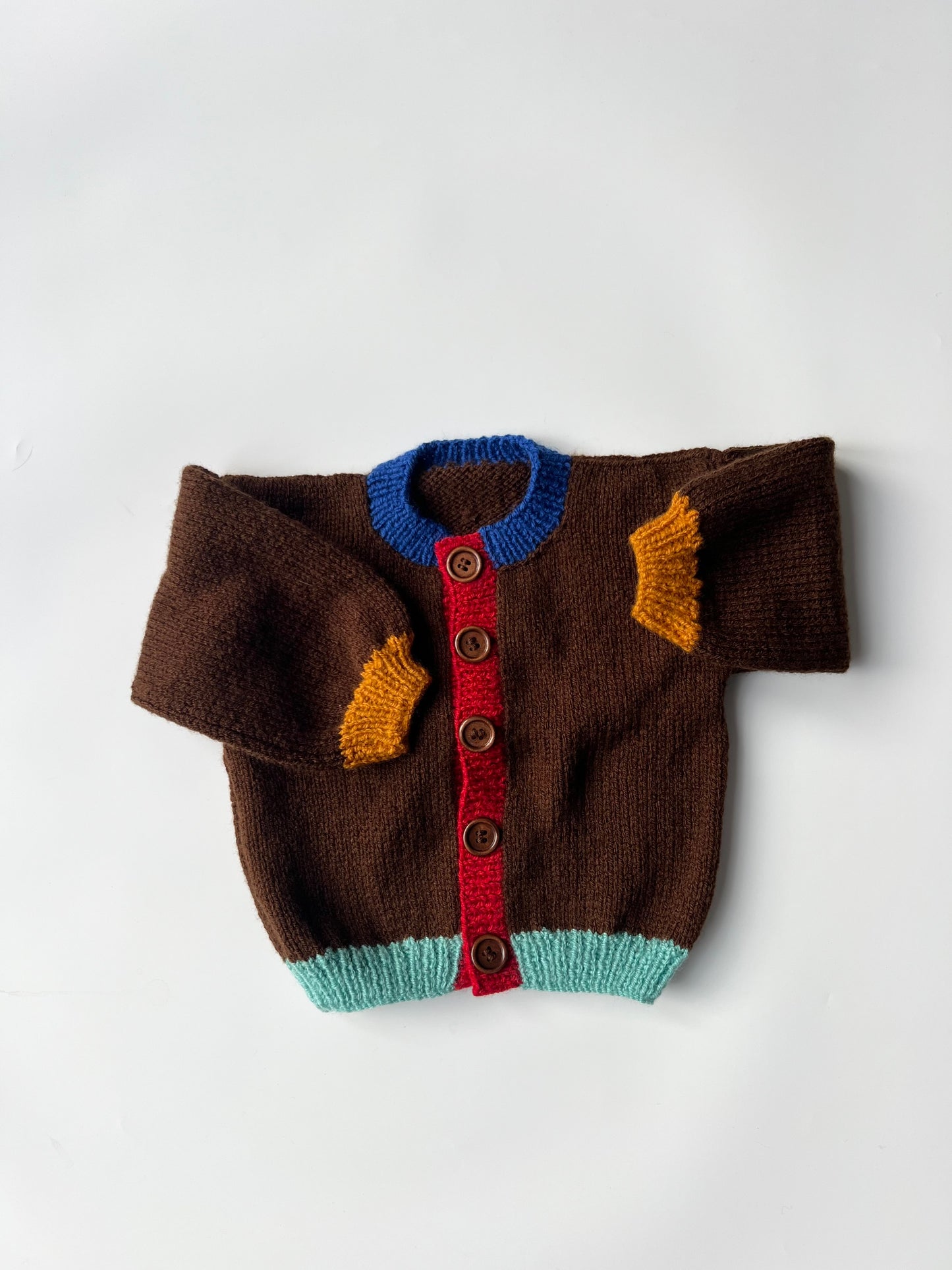 Hand Knitted Brown Colourblock trim Cardi 18-24 Months