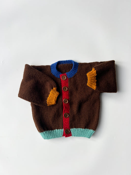 Hand Knitted Brown Colourblock trim Cardi 18-24 Months