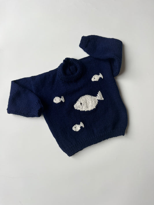 Hand Knitted Fish Jumper Navy 1-2 years