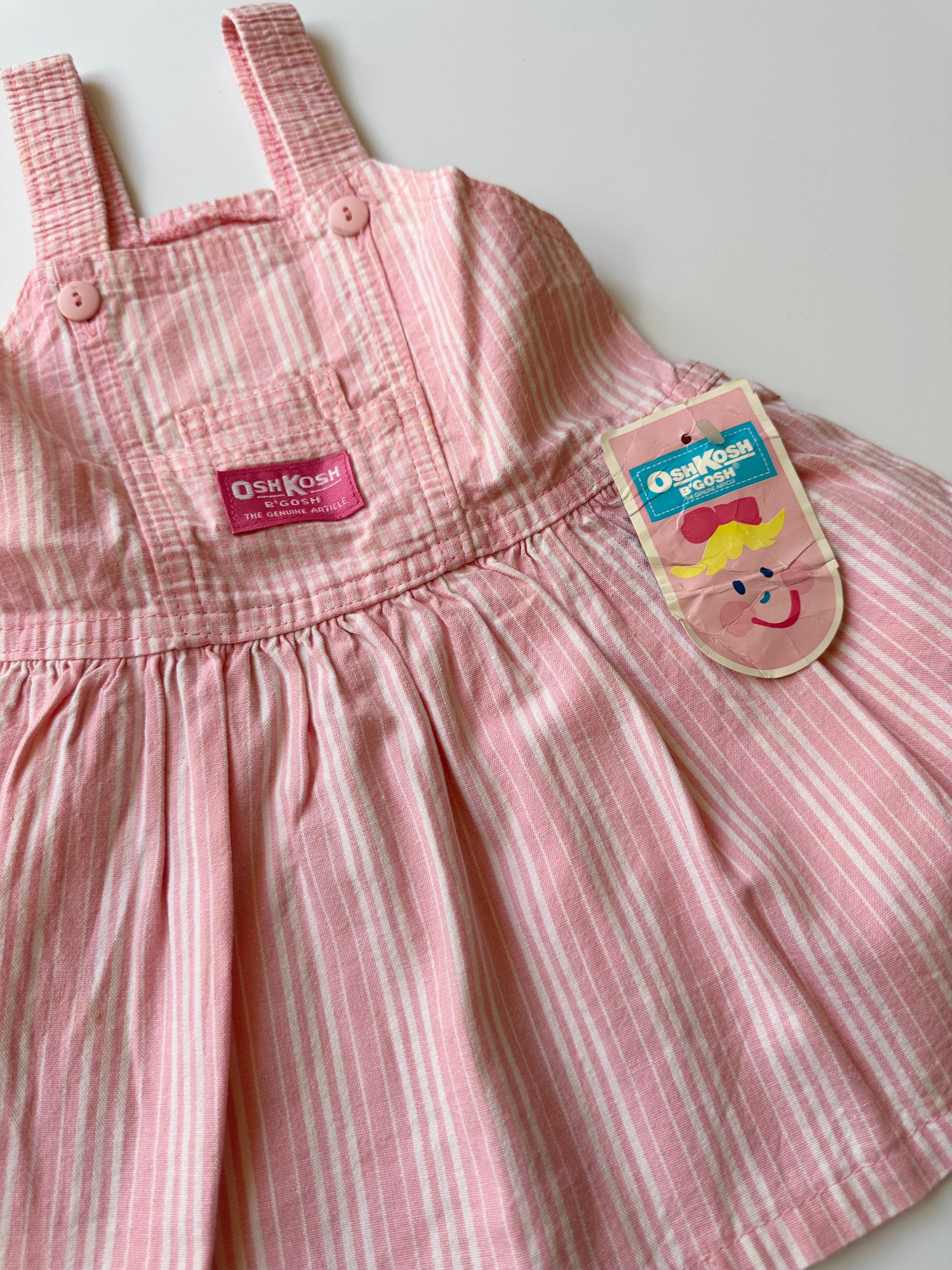Vintage OshKosh Pink Stripe Dungaree Dress with Embroidered Patch 12-24 Months