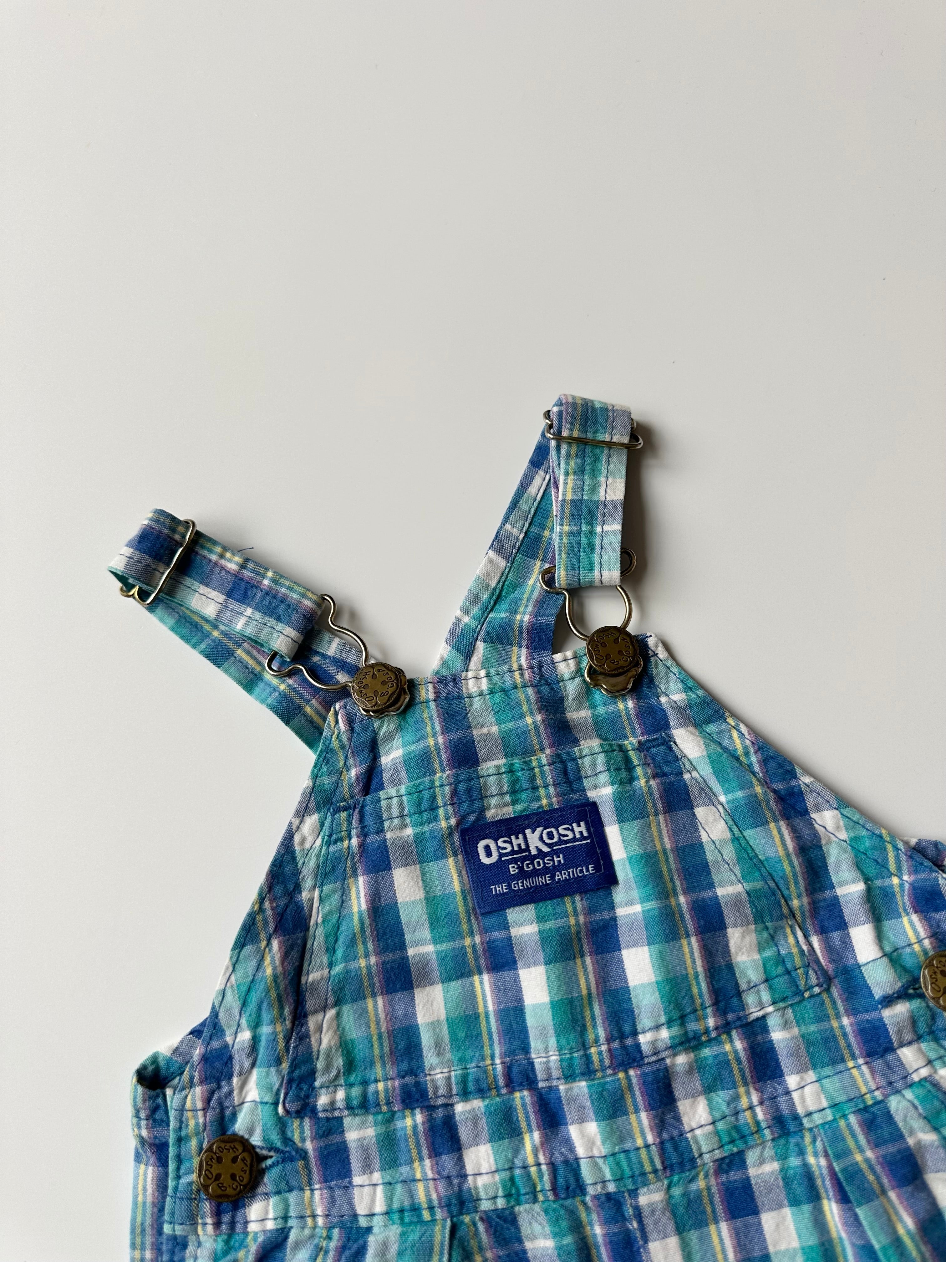Vintage Kids OshKosh Blue Plaid Dungaree Shorts 18 Months