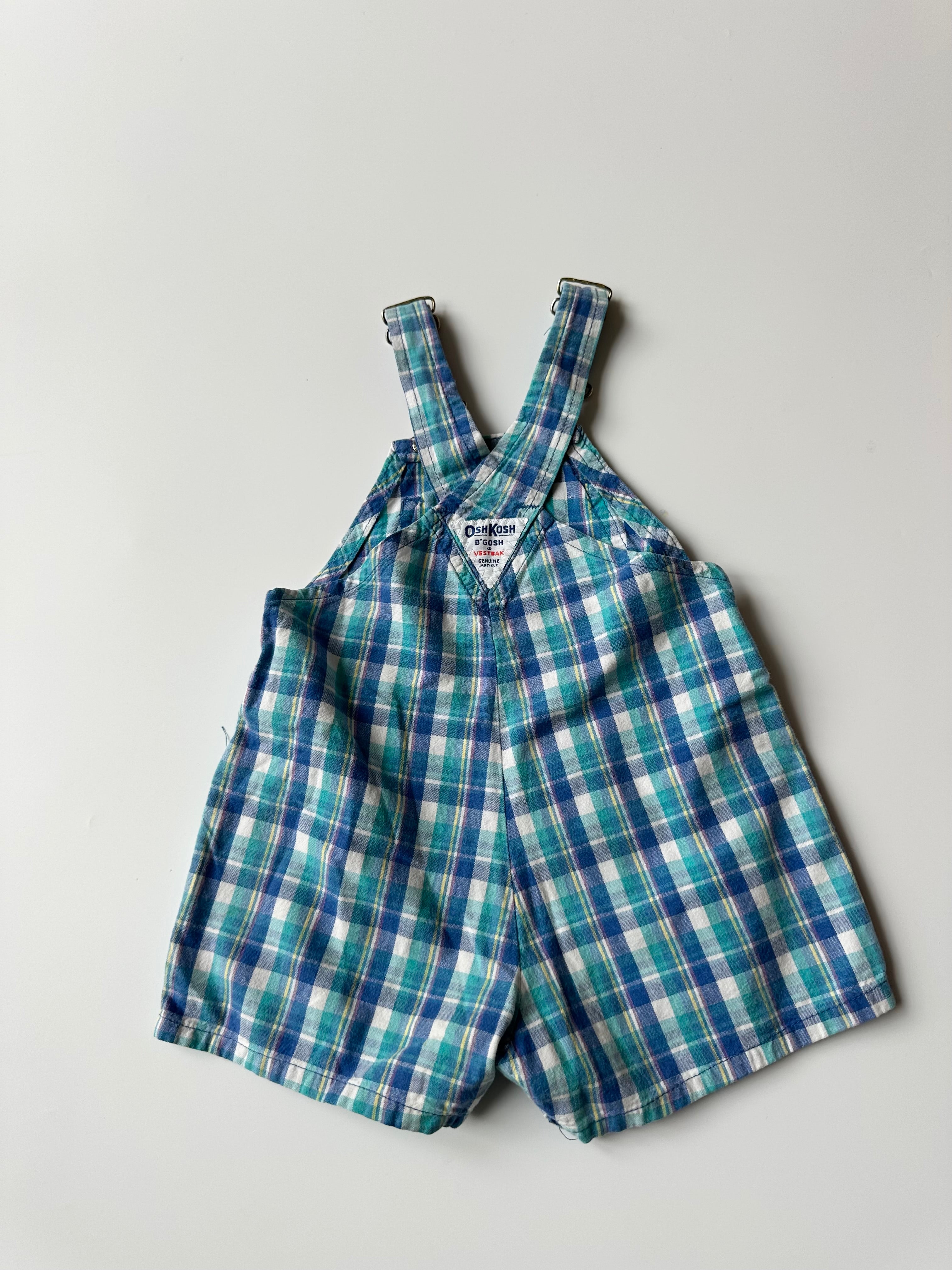 Vintage Kids OshKosh Blue Plaid Dungaree Shorts 18 Months