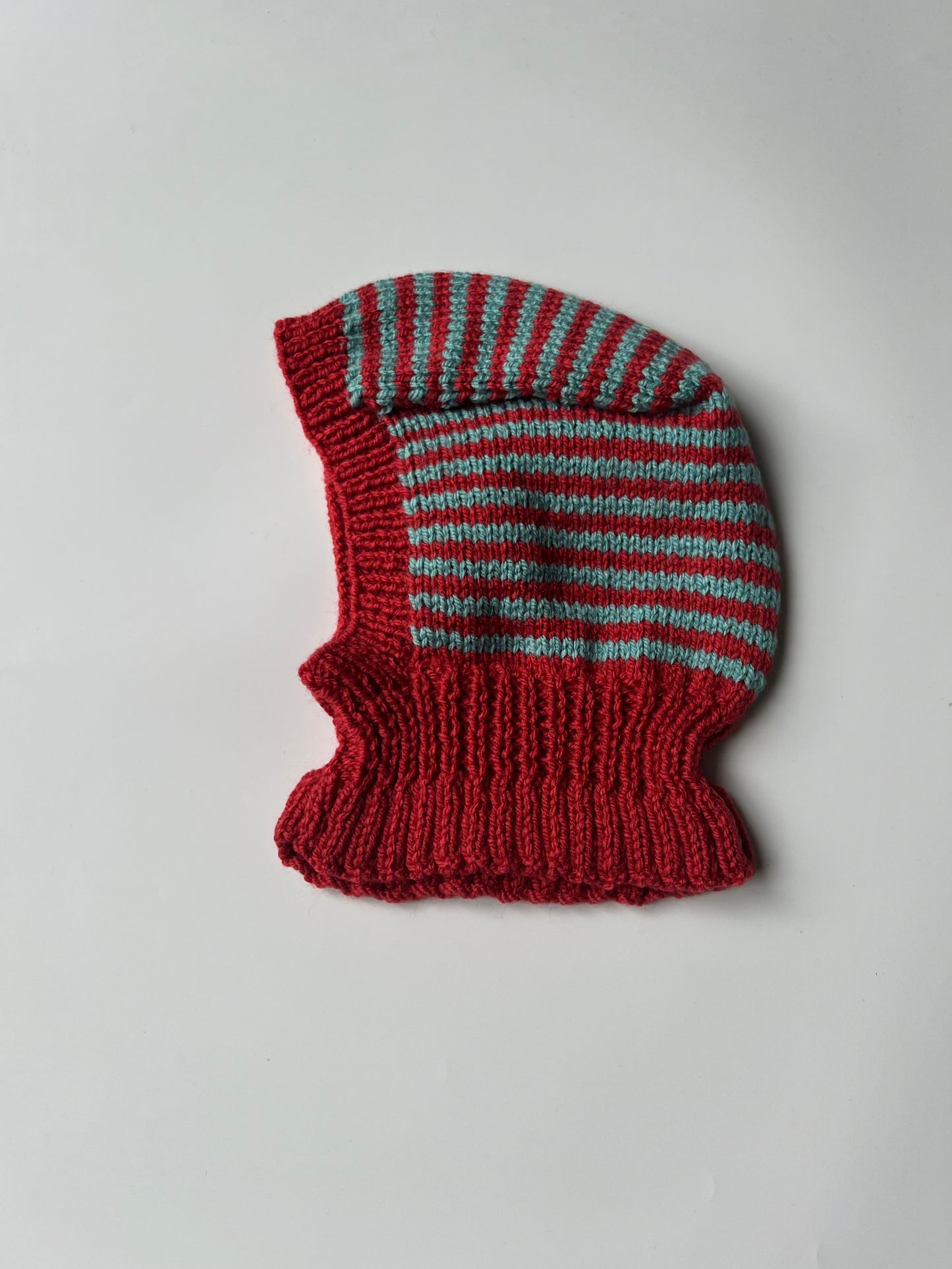 Hand Knitted Children’s Striped Balaclava Red & Teal 3-4 Years