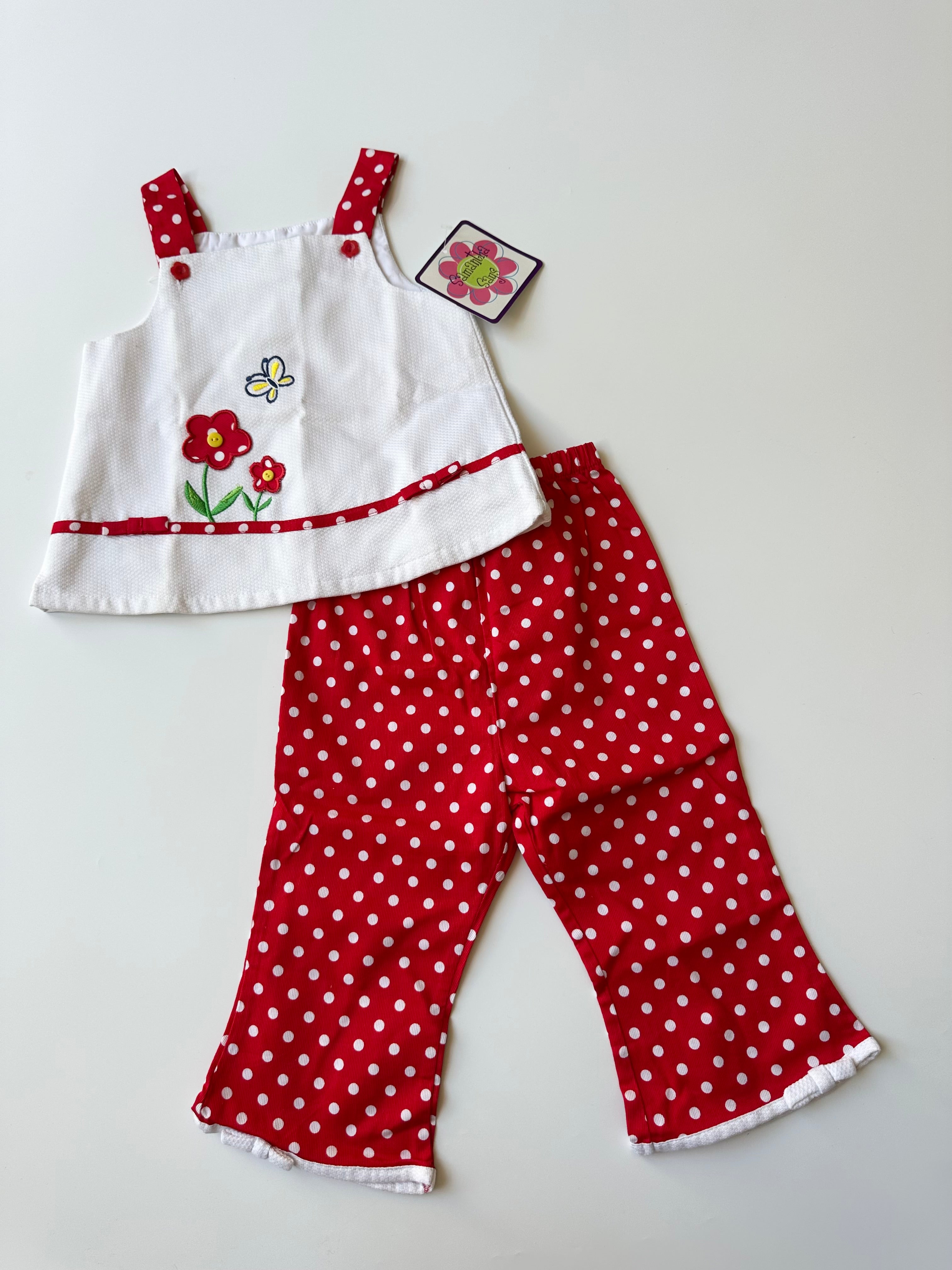 Vintage Kids Red Polka Dot and Flowers Matching Set 3 Years