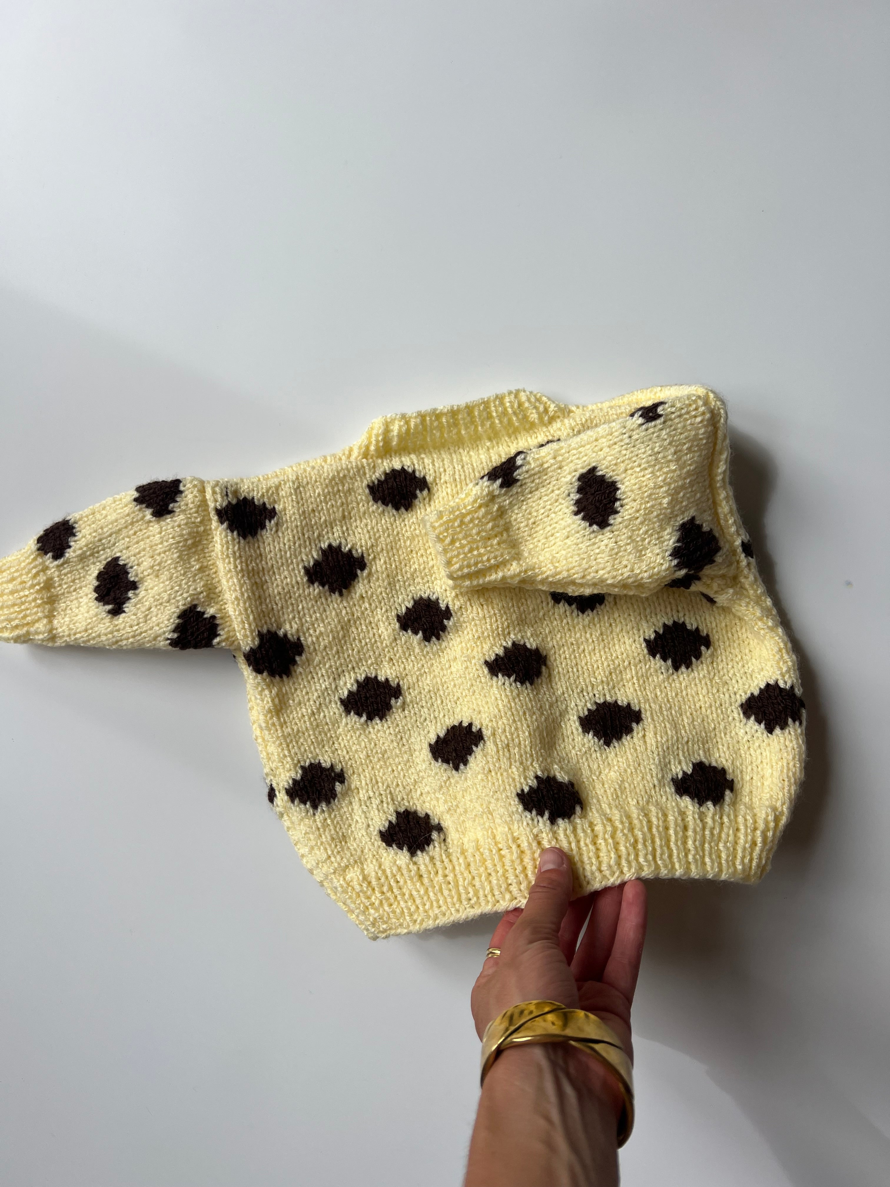 Hand Knitted Butter Yellow & Blue Polka Dot Cardigan 12-24 Months